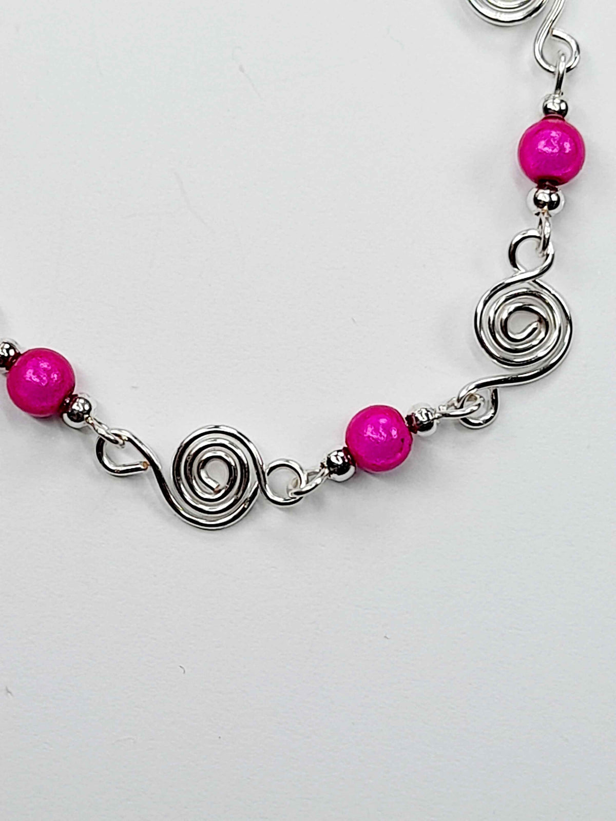 Dainty Silver Spiral & Hot Pink Bead Bracelet, Handmade Adjustable Design