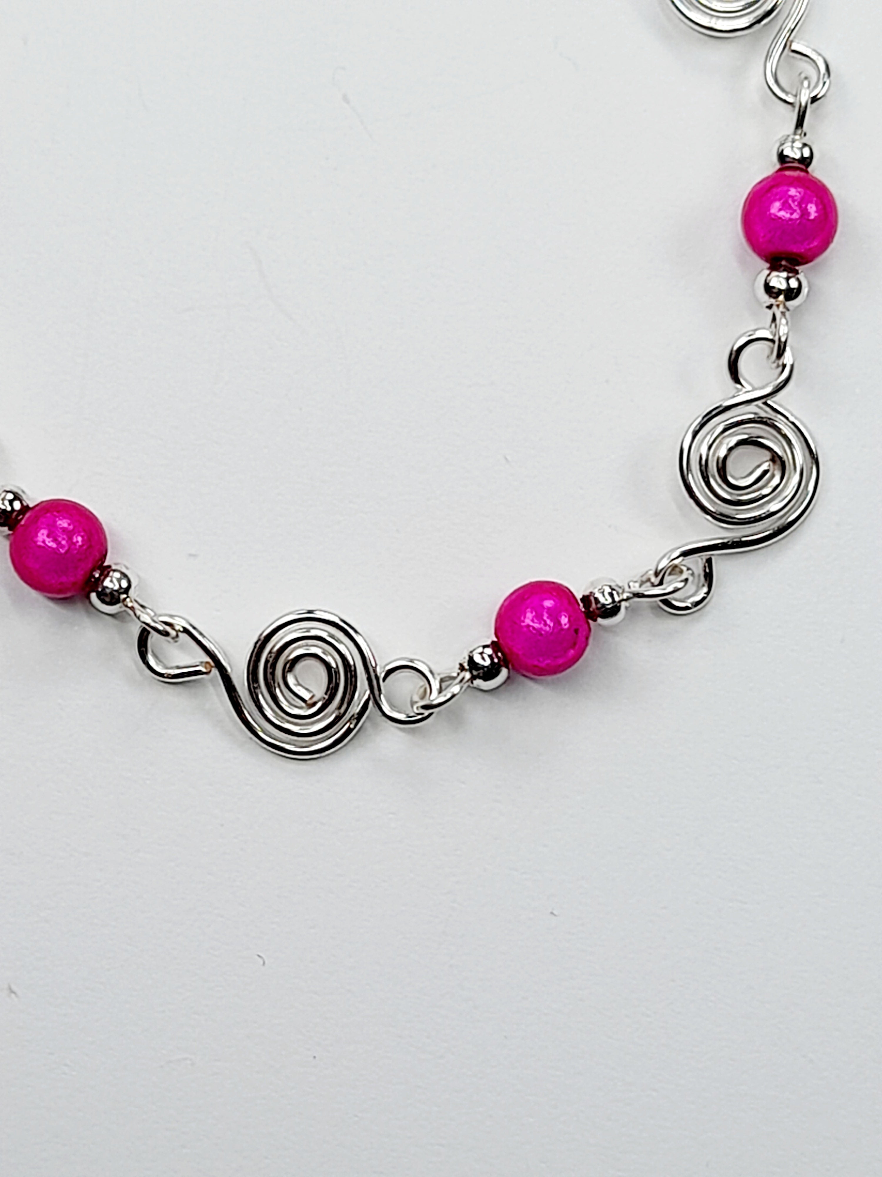 Dainty Silver Spiral & Hot Pink Bead Bracelet, Handmade Adjustable Design