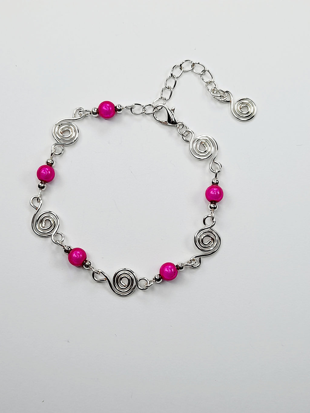 Dainty Silver Spiral & Hot Pink Bead Bracelet, Handmade Adjustable Design
