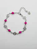 Dainty Silver Spiral & Hot Pink Bead Bracelet, Handmade Adjustable Design