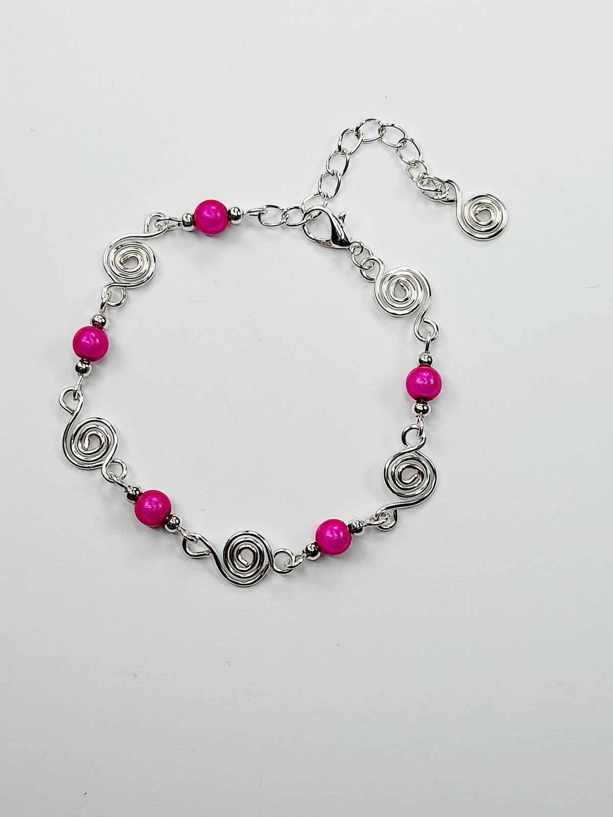 Dainty Silver Spiral & Hot Pink Bead Bracelet, Handmade Adjustable Design