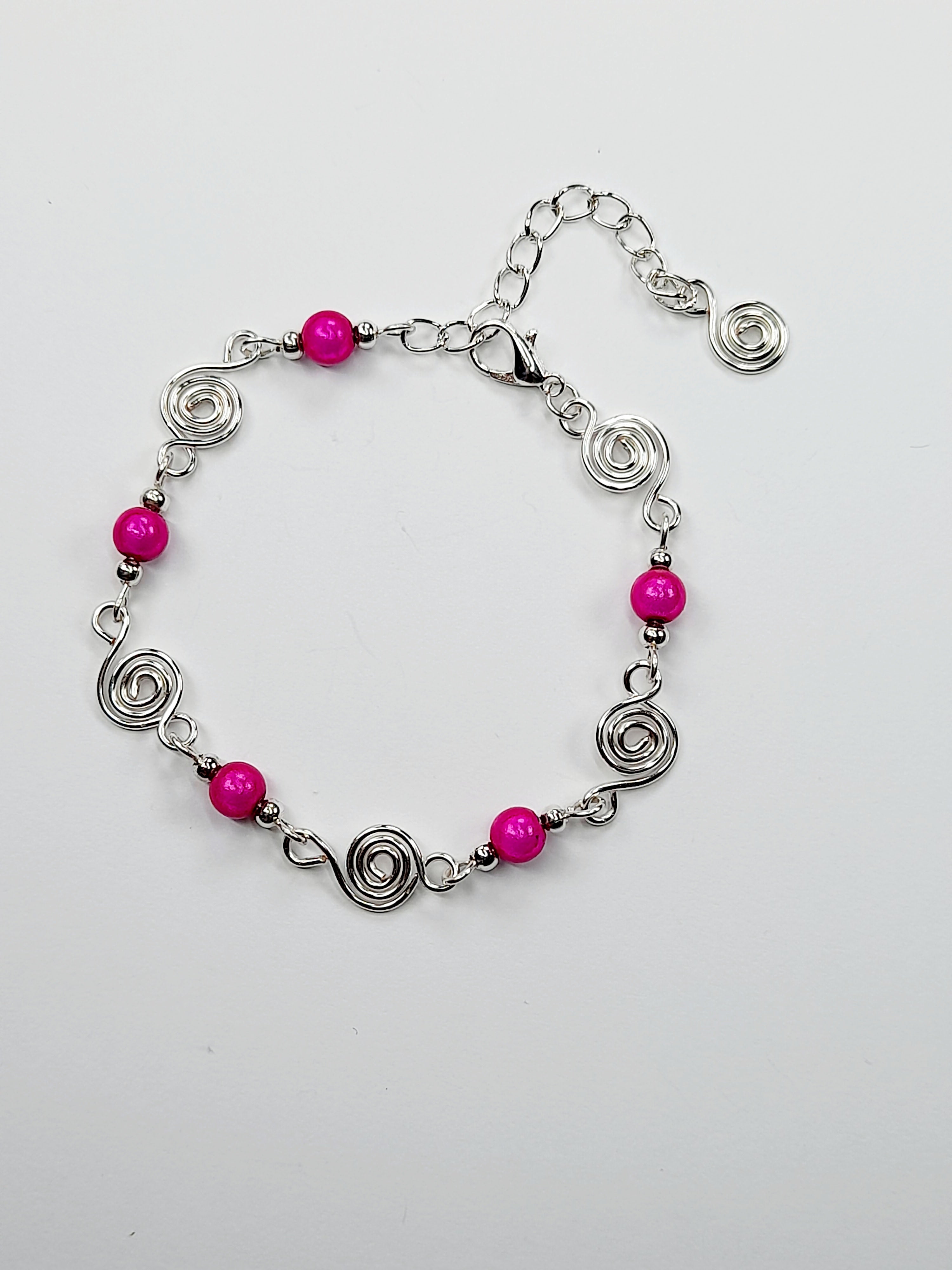 Dainty Silver Spiral & Hot Pink Bead Bracelet, Handmade Adjustable Design