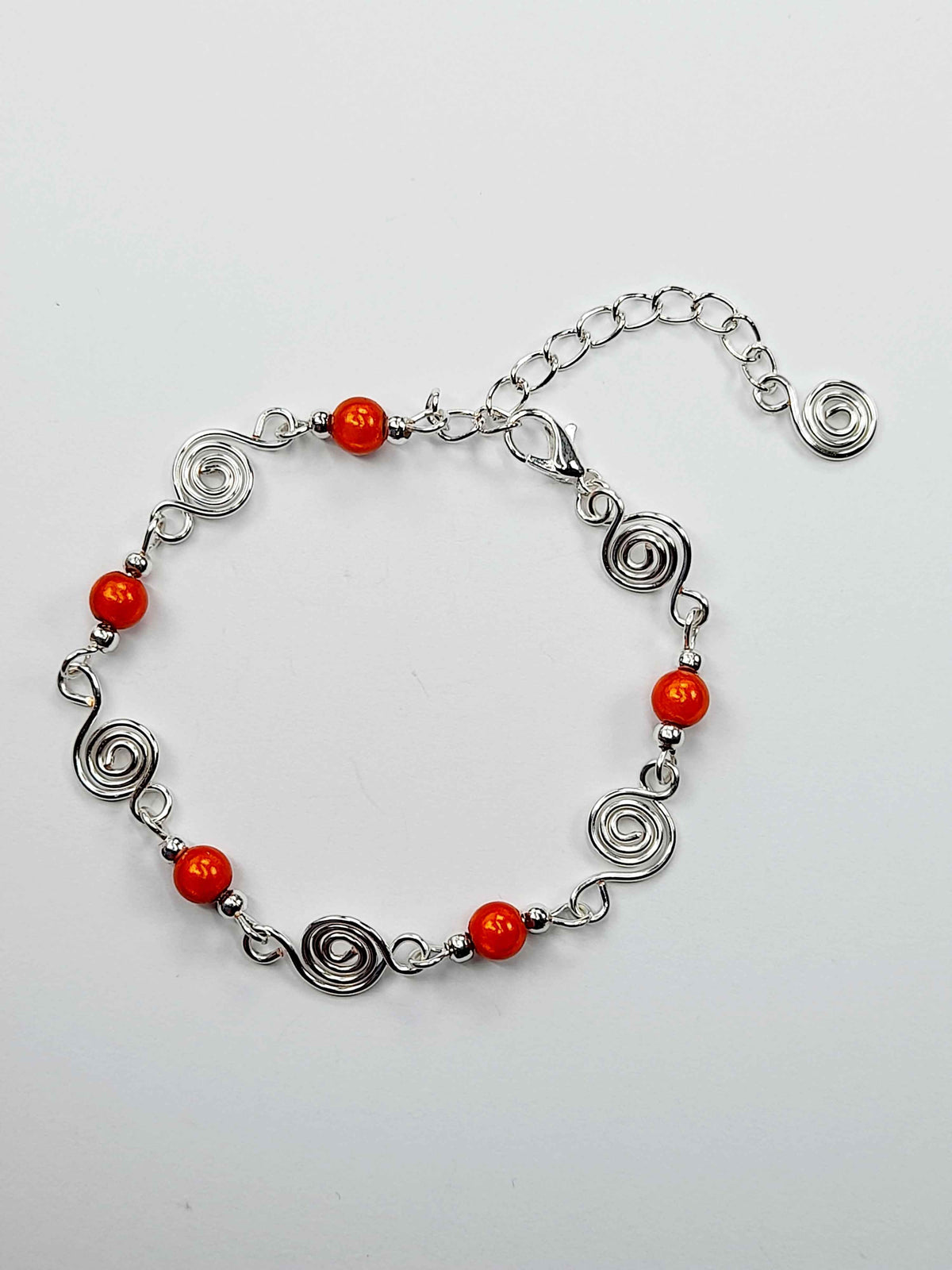 Dainty Silver Spiral & Orange Bracelet, Handmade Adjustable Design