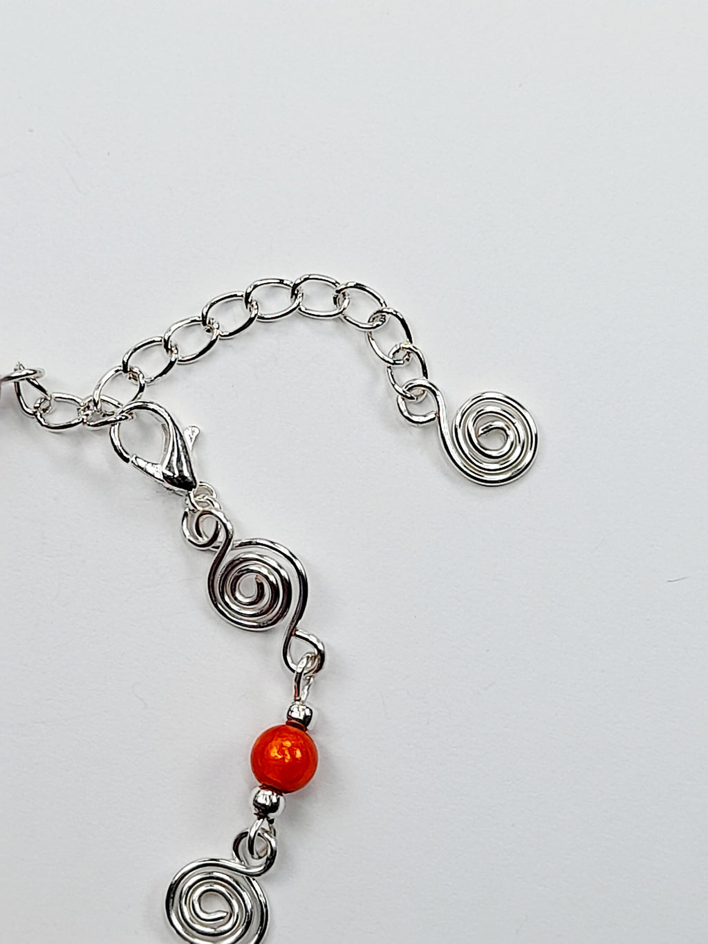 Dainty Silver Spiral & Orange Bracelet, Handmade Adjustable Design