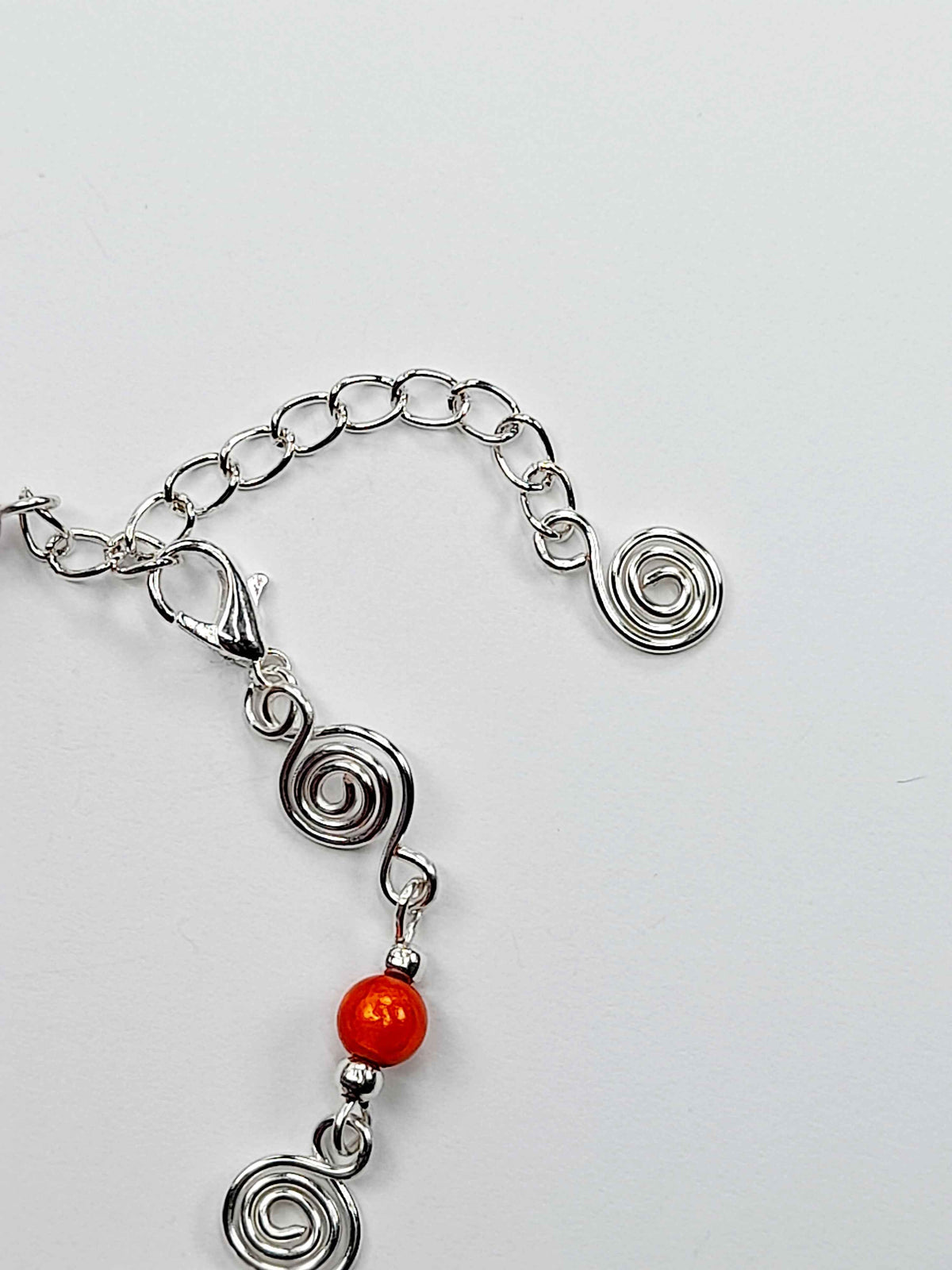 Dainty Silver Spiral & Orange Bracelet, Handmade Adjustable Design