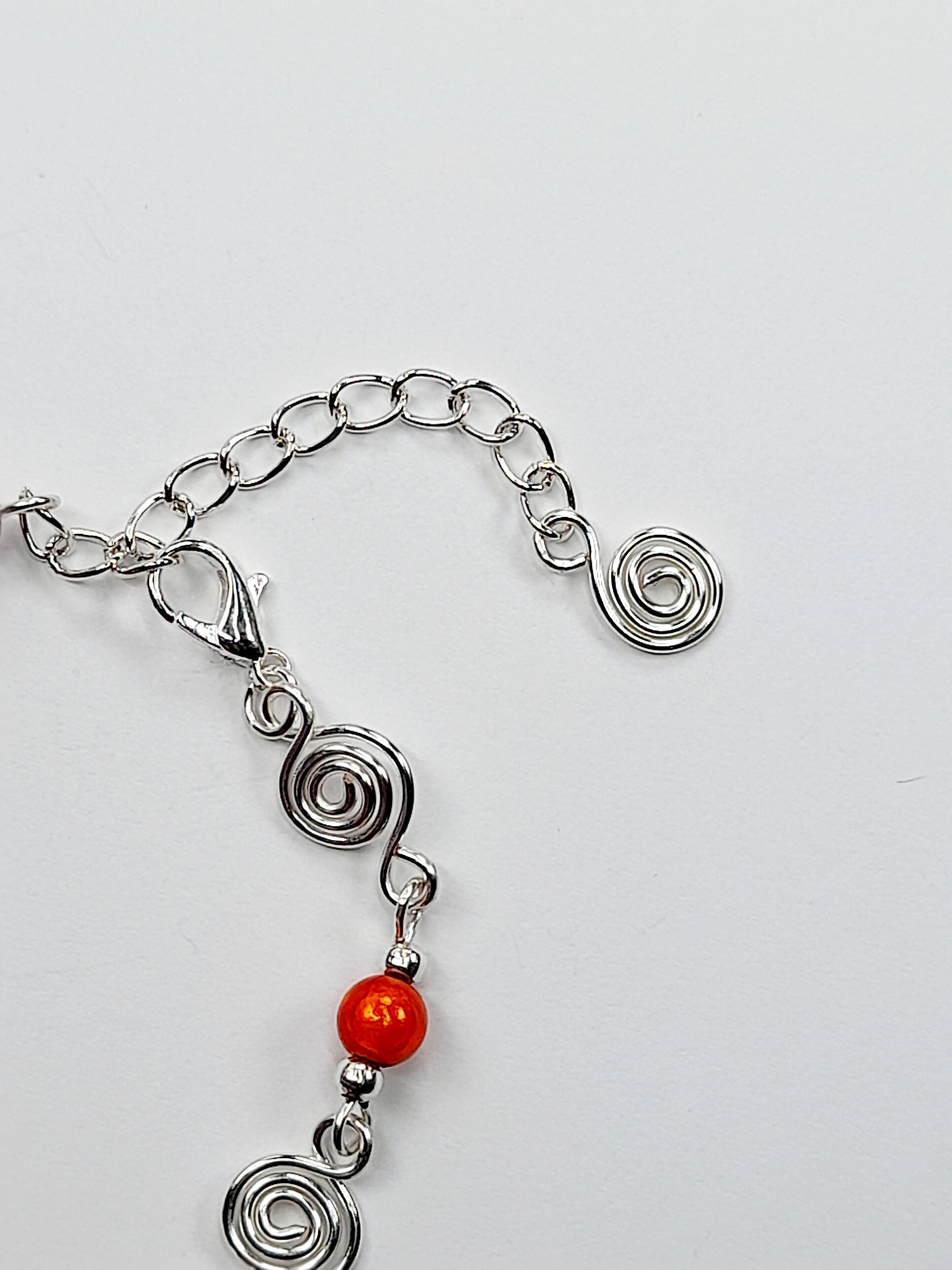 Dainty Silver Spiral & Orange Bracelet, Handmade Adjustable Design