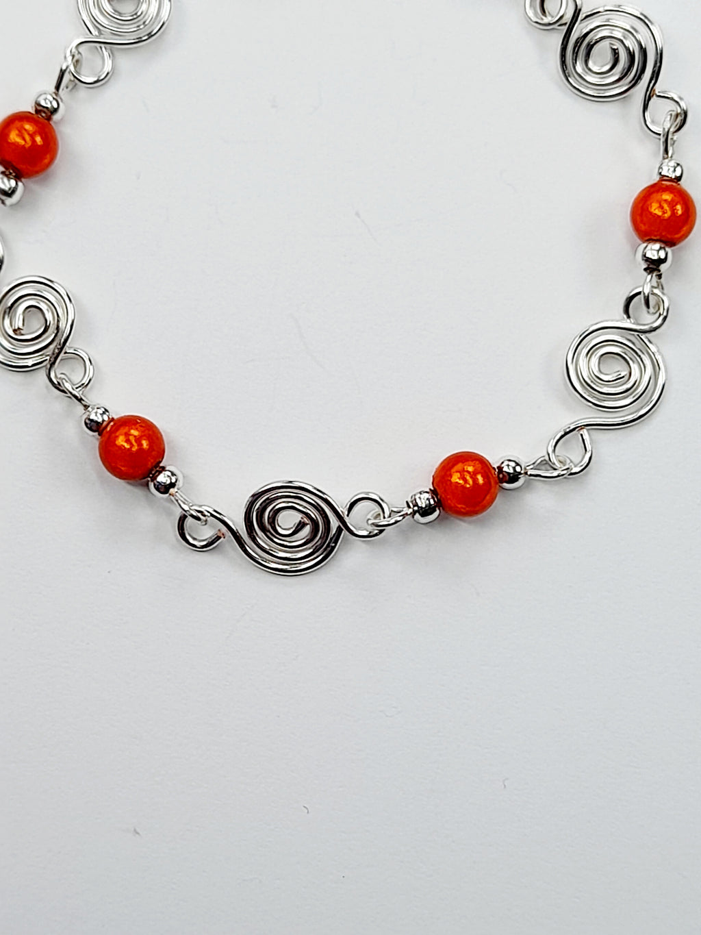 Dainty Silver Spiral & Orange Bracelet, Handmade Adjustable Design