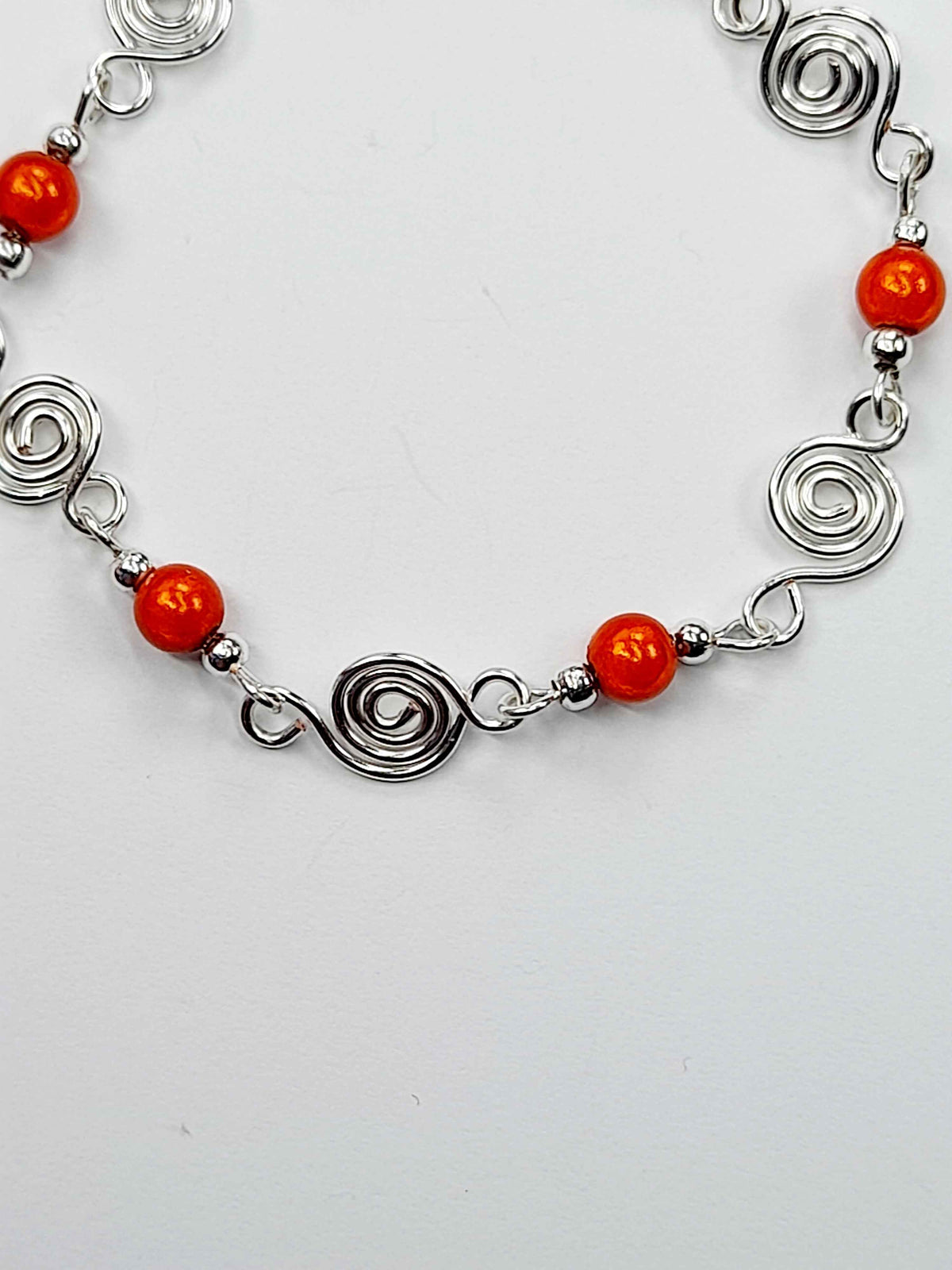 Dainty Silver Spiral & Orange Bracelet, Handmade Adjustable Design