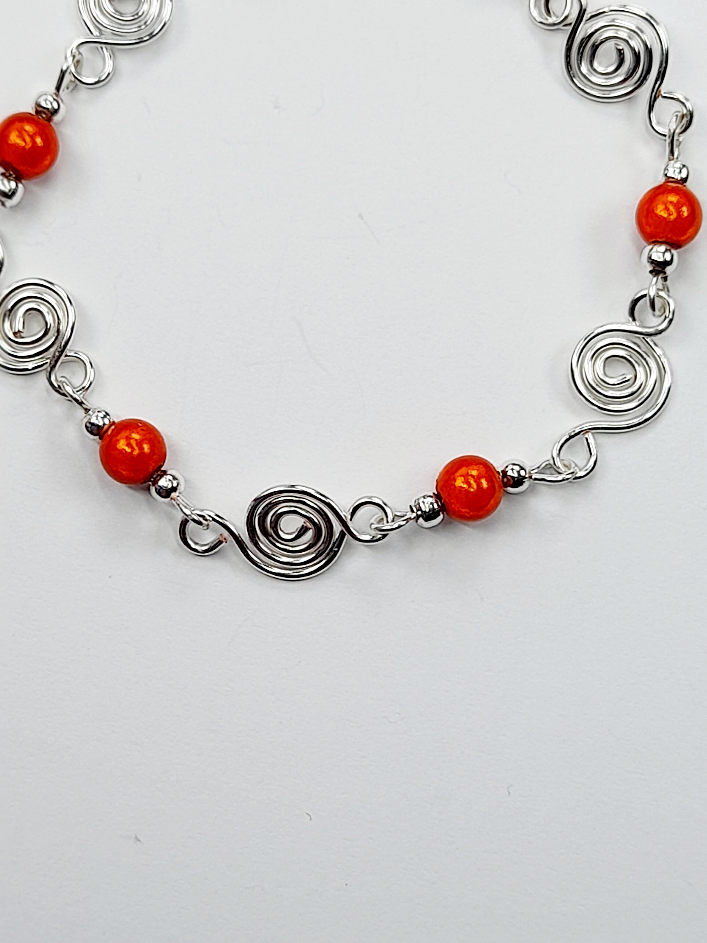 Dainty Silver Spiral & Orange Bracelet, Handmade Adjustable Design
