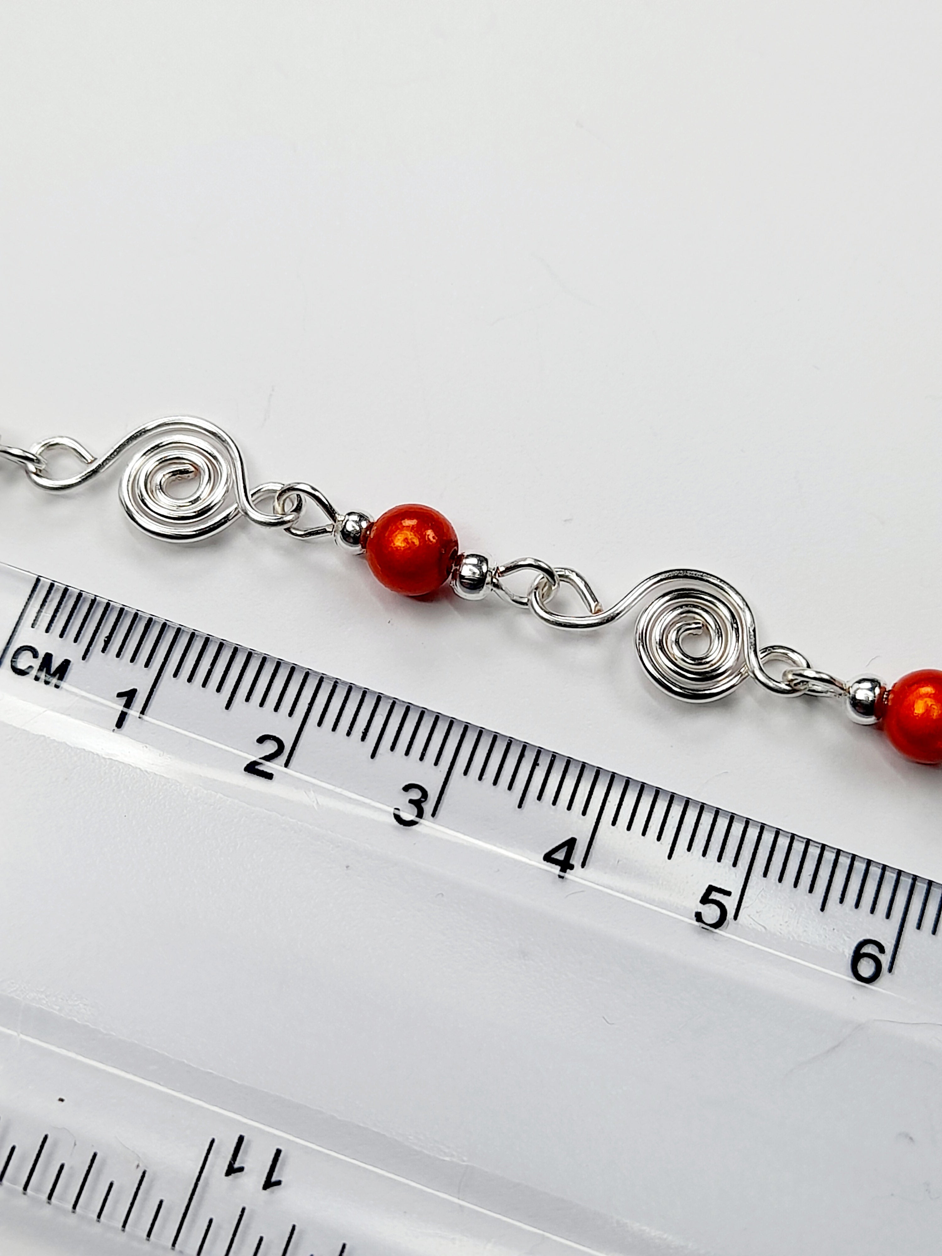 Dainty Silver Spiral & Orange Bracelet, Handmade Adjustable Design