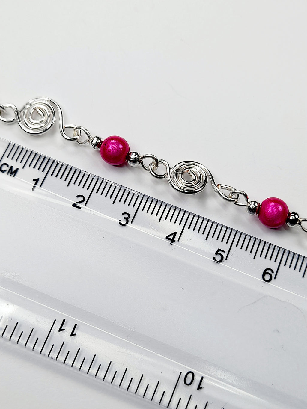 Dainty Silver Spiral & Hot Pink Bead Bracelet, Handmade Adjustable Design