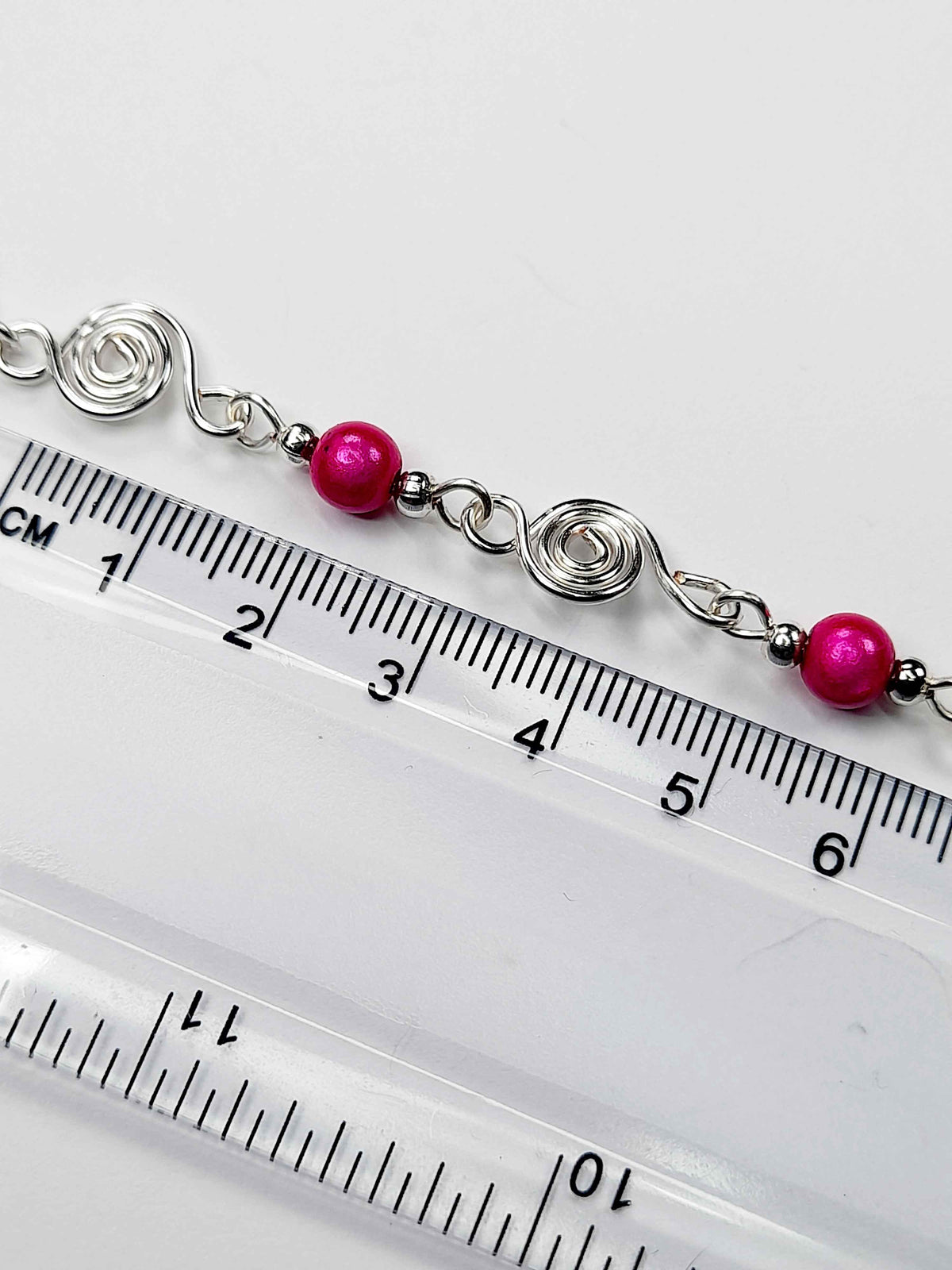 Dainty Silver Spiral & Hot Pink Bead Bracelet, Handmade Adjustable Design