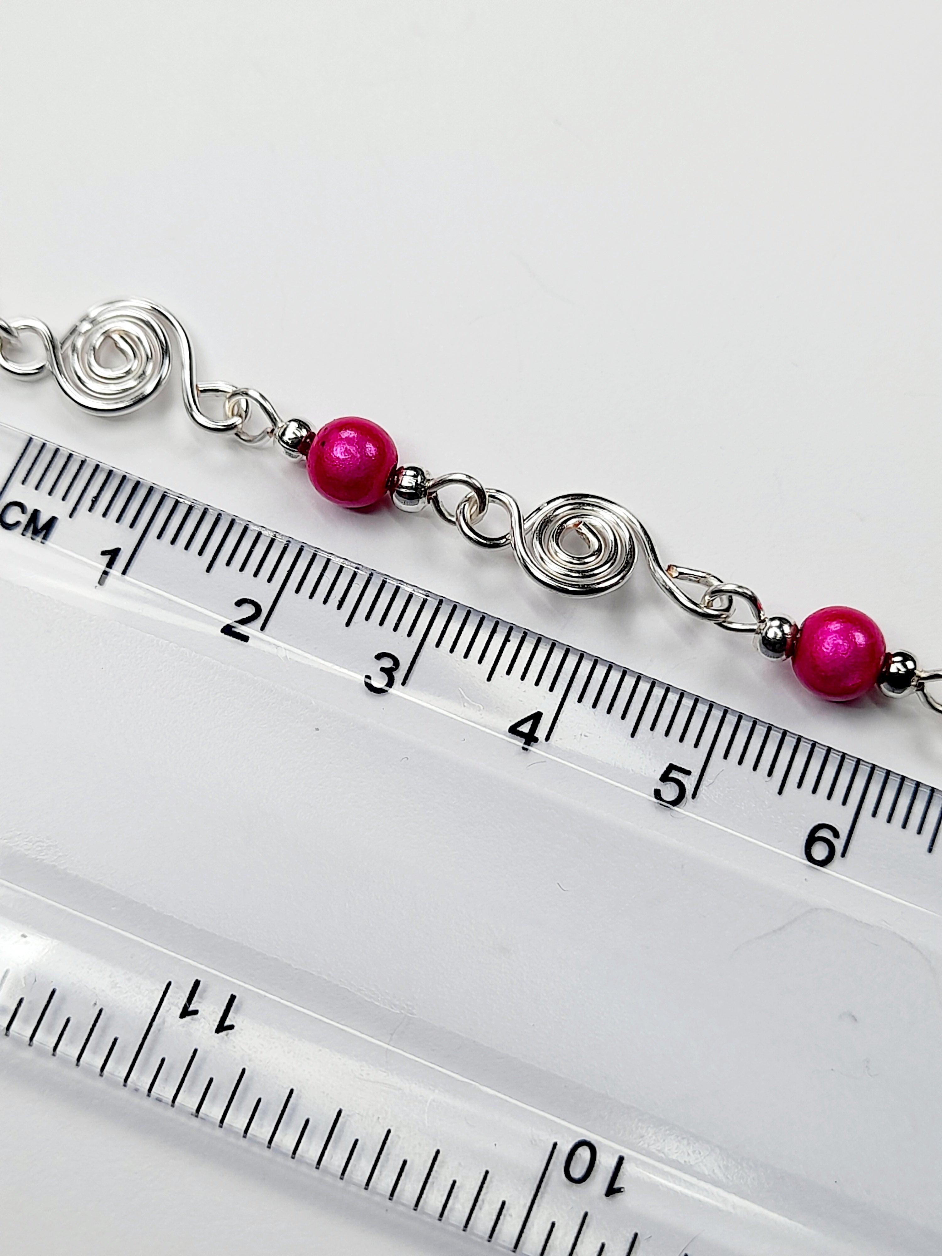 Dainty Silver Spiral & Hot Pink Bead Bracelet, Handmade Adjustable Design