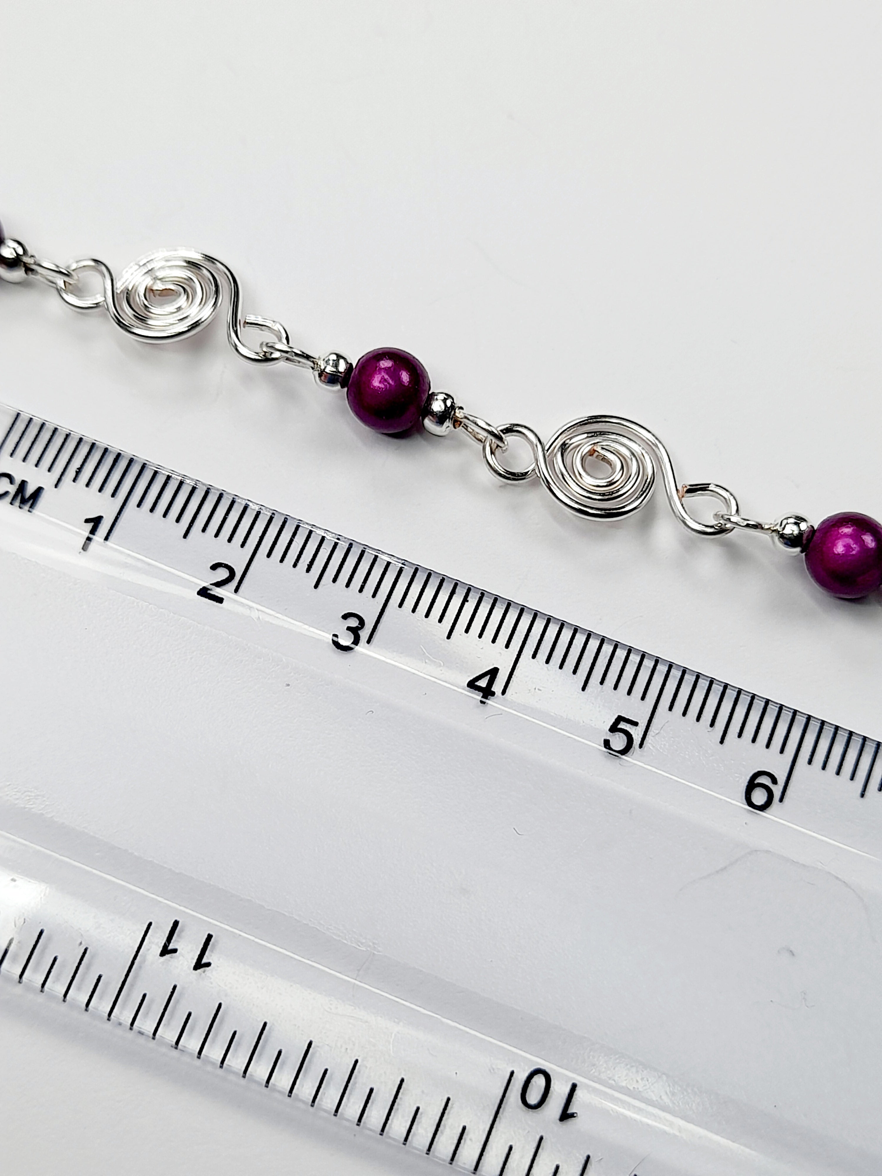Dainty Silver Spiral & Purple Bead Bracelet, Handmade Adjustable Design