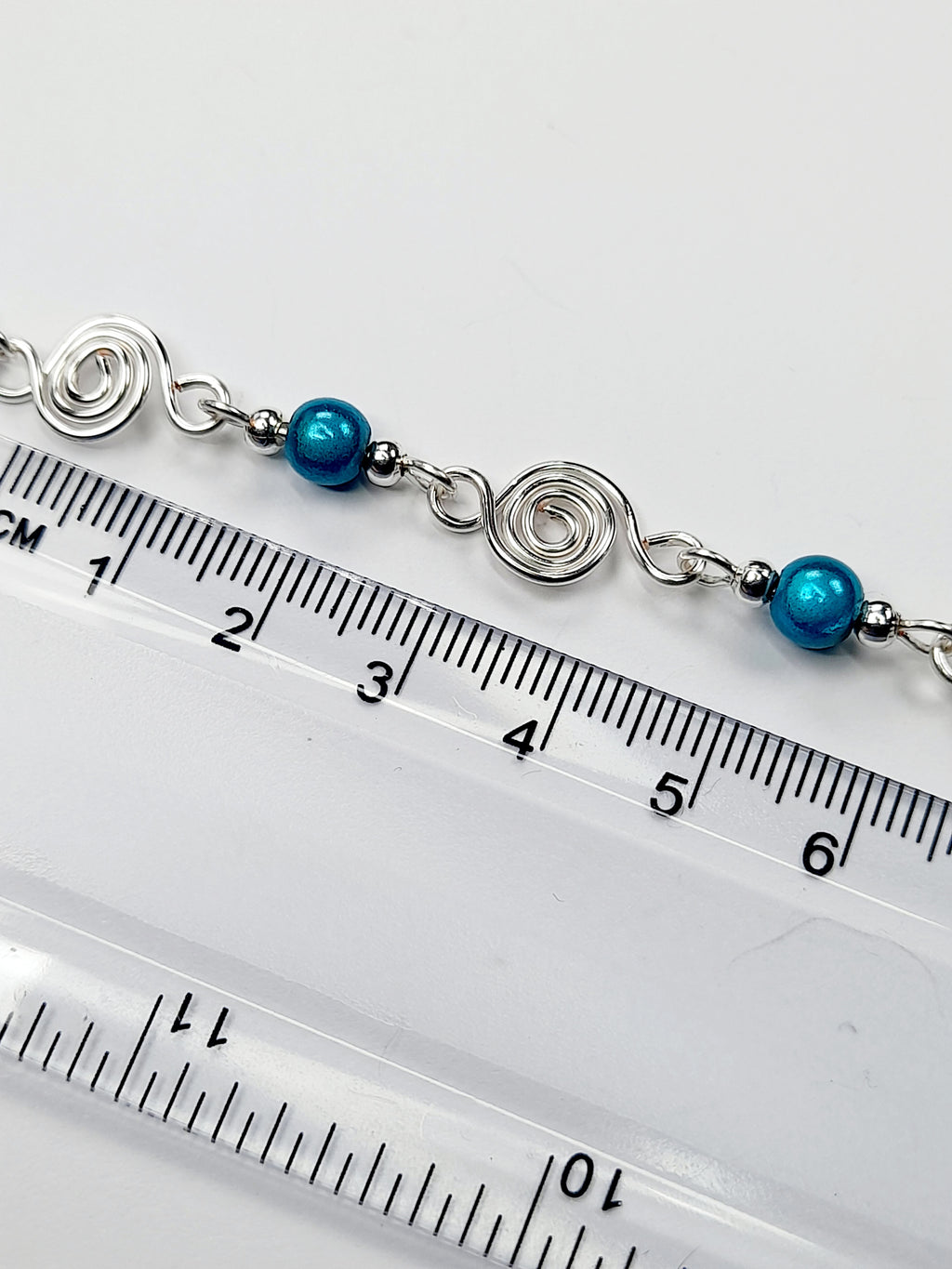 Dainty Silver Spiral & Turquoise Bead Bracelet, Handmade Adjustable Design