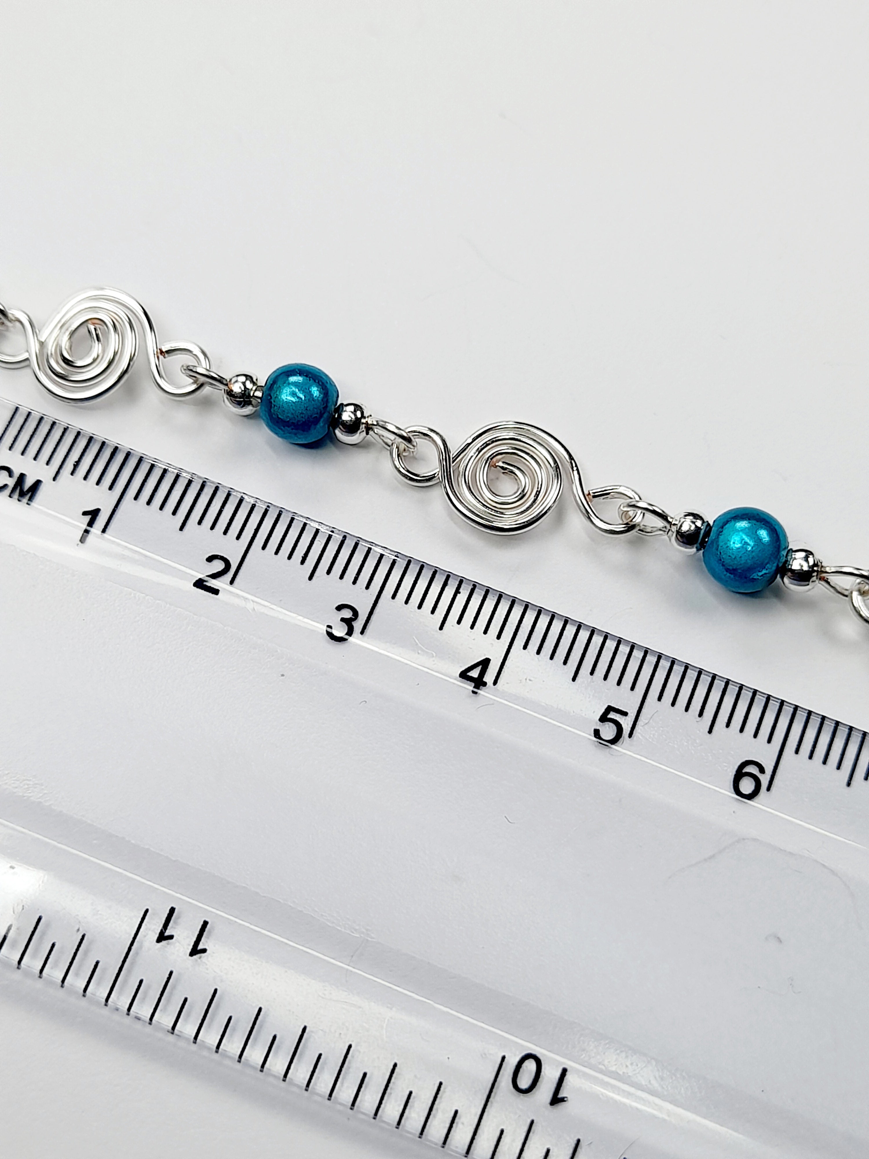 Dainty Silver Spiral & Turquoise Bead Bracelet, Handmade Adjustable Design
