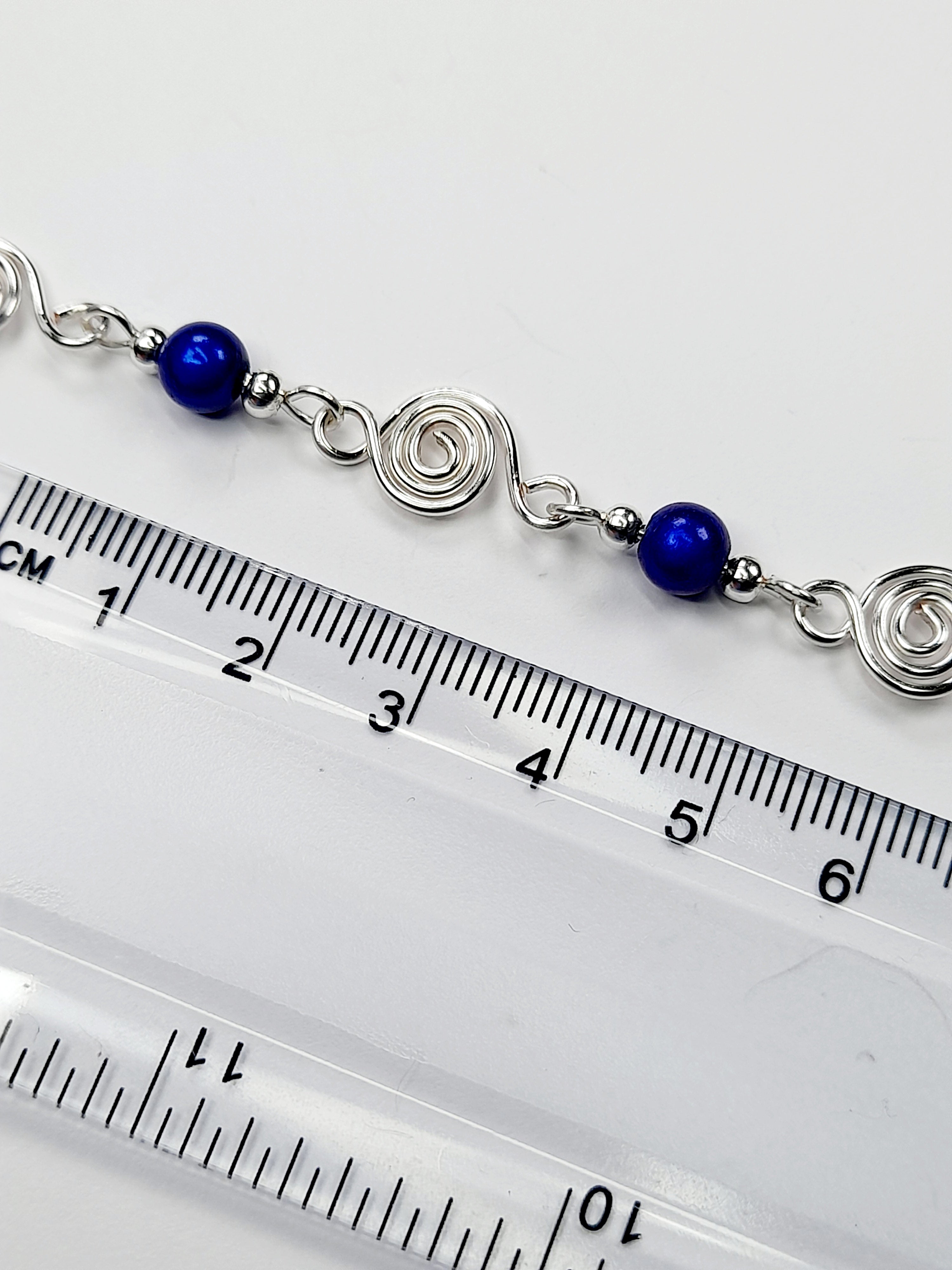 Dainty Silver Spiral & Bright Blue Bead Bracelet, Handmade Adjustable Design