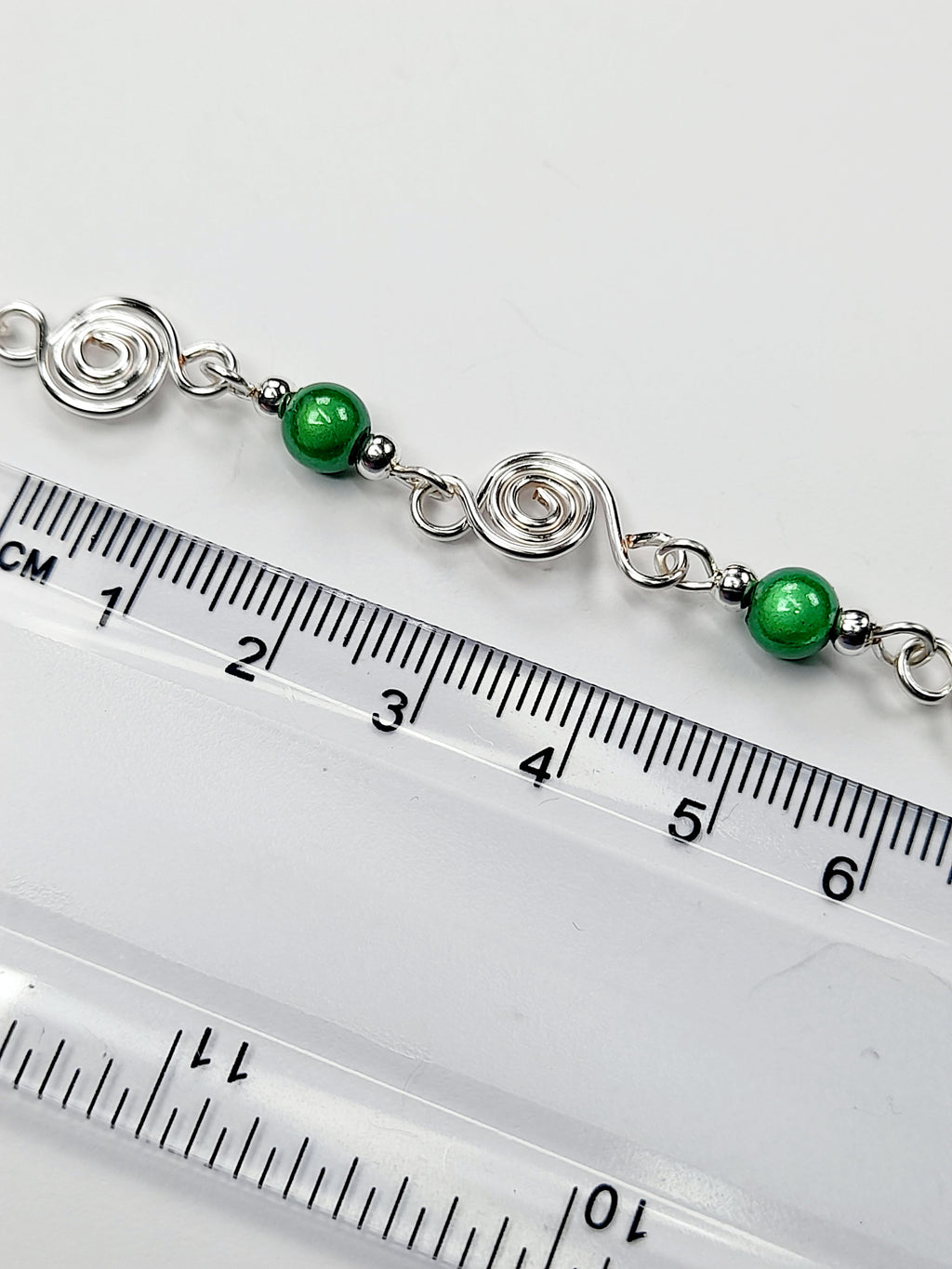 Dainty Silver Spiral & Green Bracelet, Handmade Adjustable Design