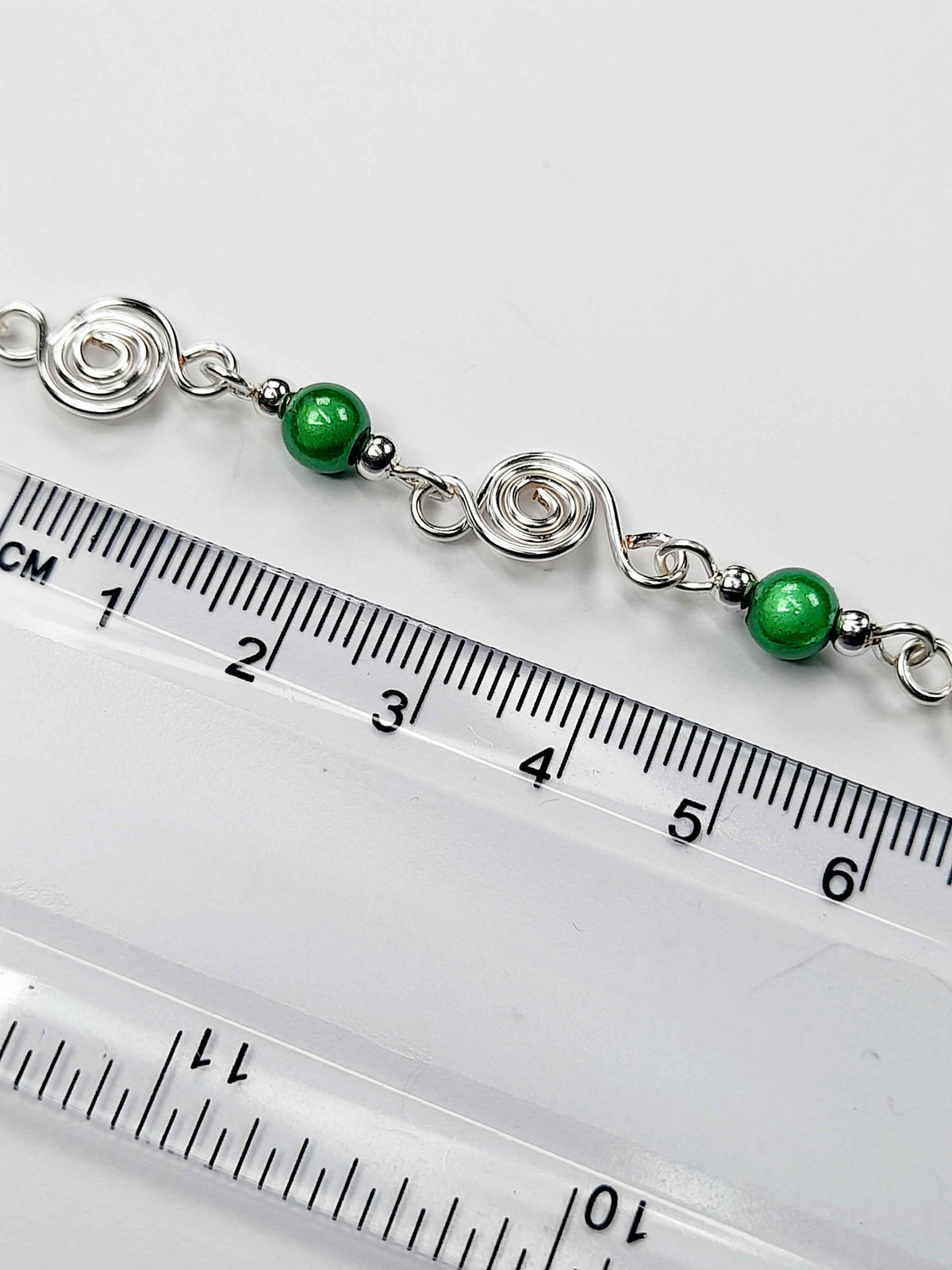 Dainty Silver Spiral & Green Bracelet, Handmade Adjustable Design