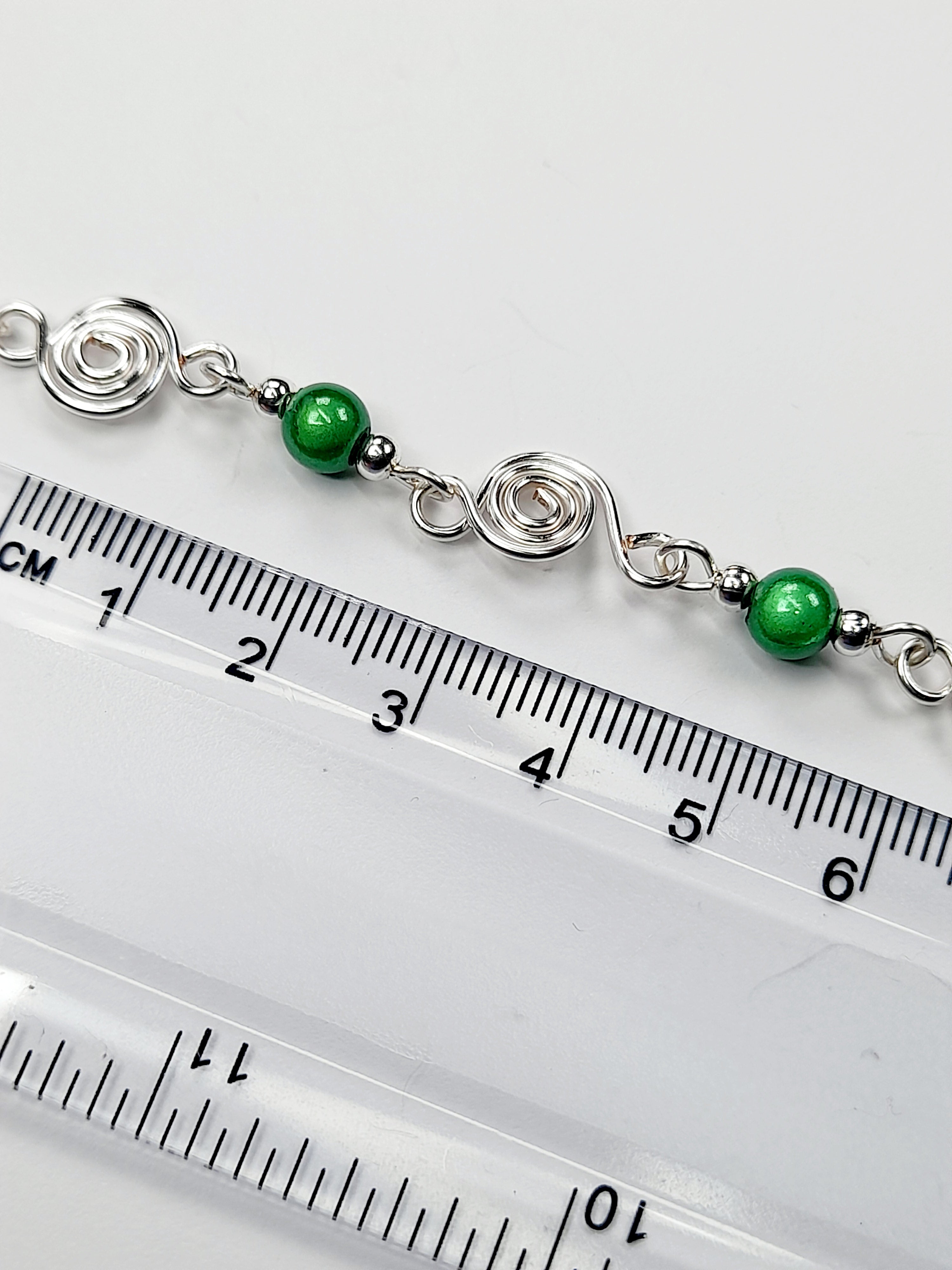 Dainty Silver Spiral & Green Bracelet, Handmade Adjustable Design