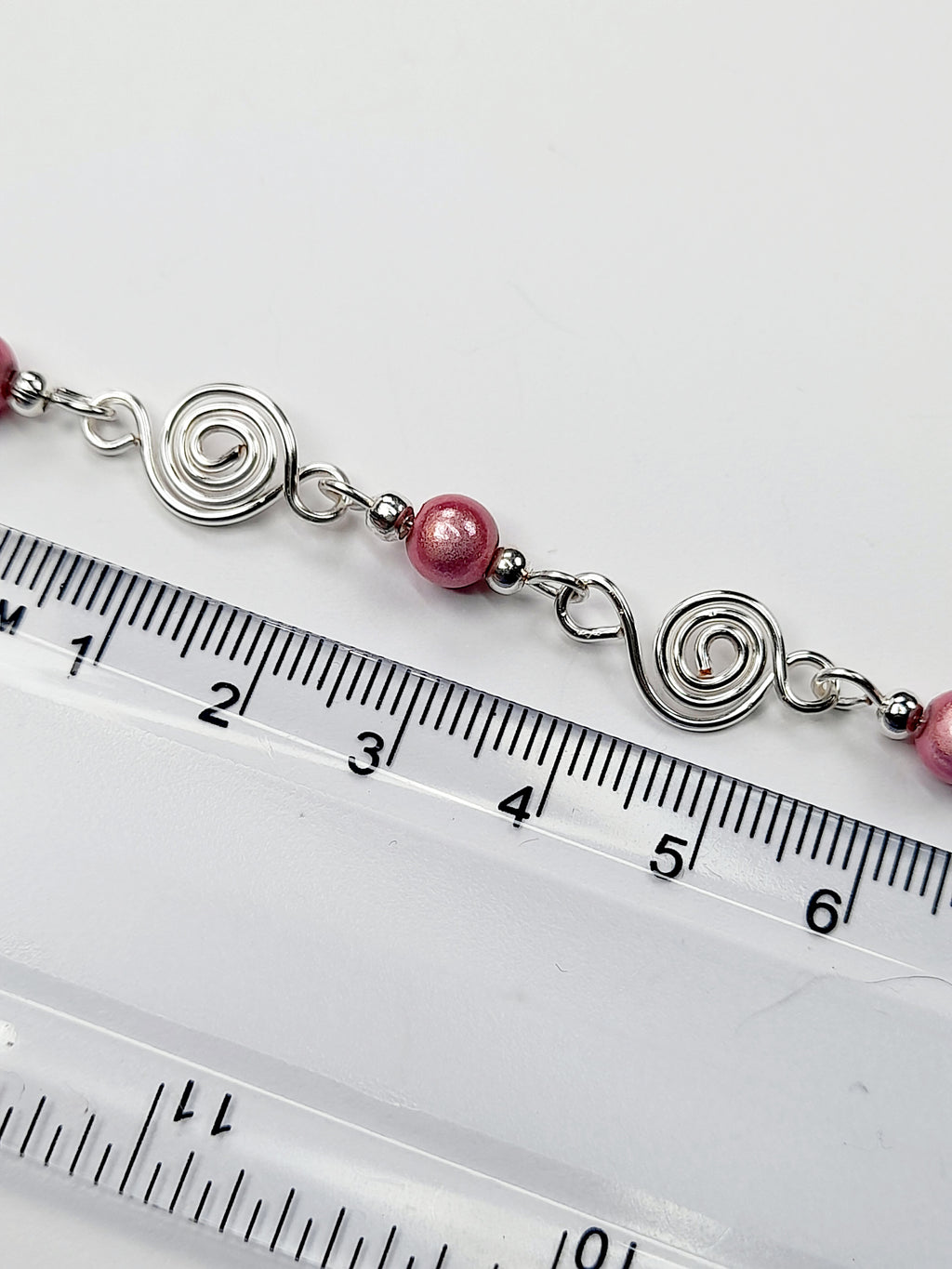 Dainty Silver Spiral & Pale Pink Bead Bracelet, Handmade Adjustable Design