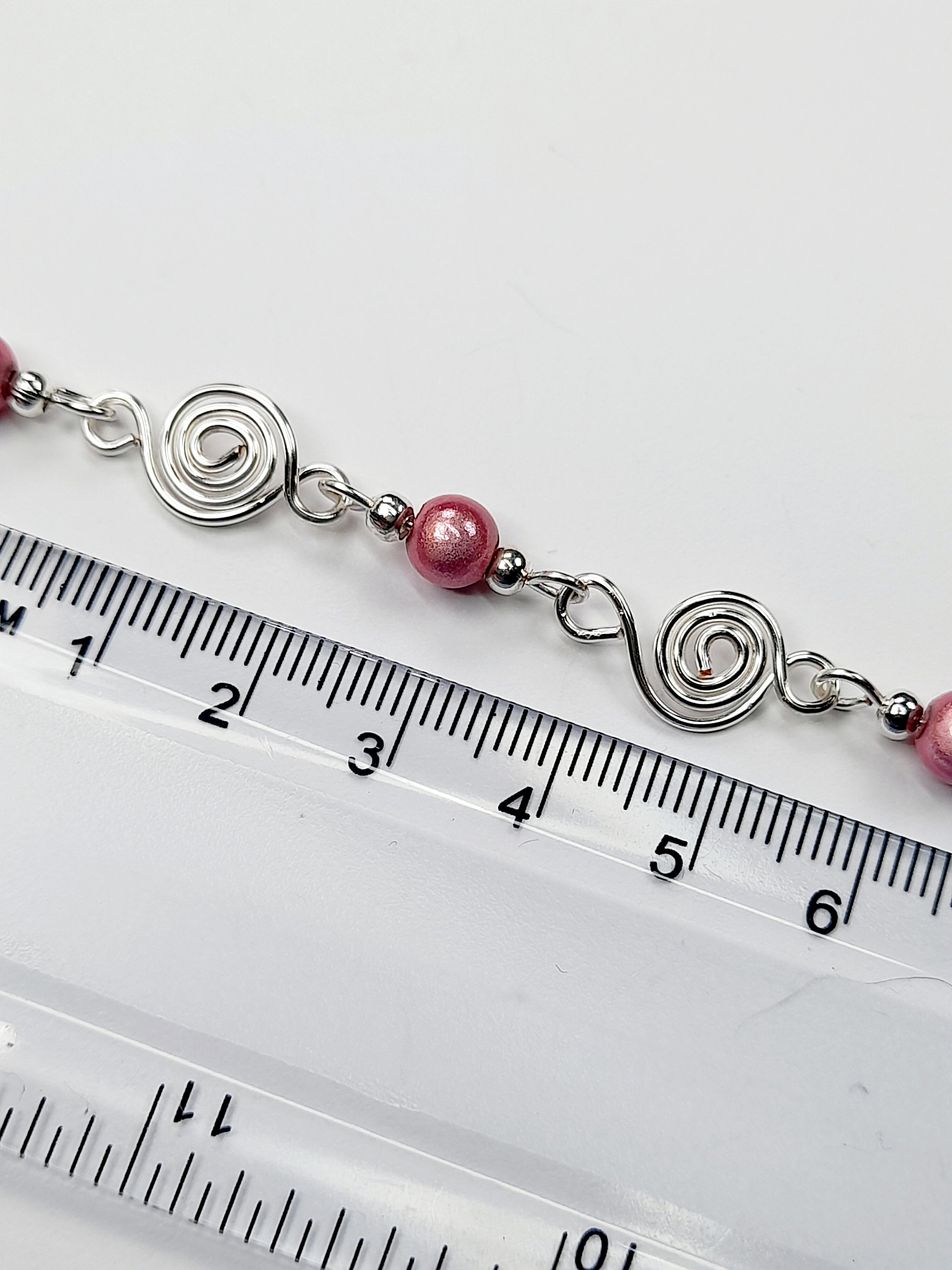 Dainty Silver Spiral & Pale Pink Bead Bracelet, Handmade Adjustable Design