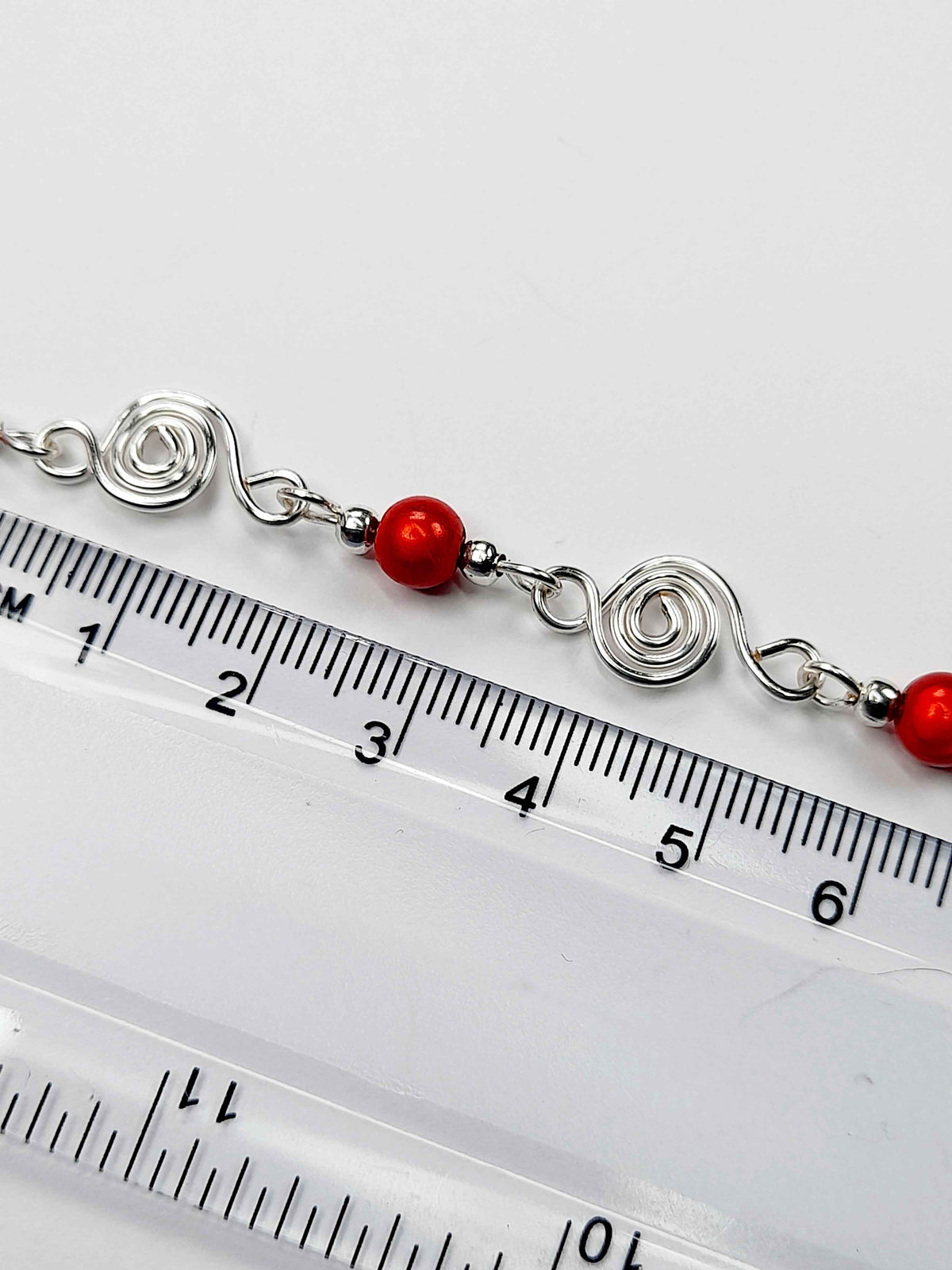 Dainty Silver Spiral & Red Bracelet, Handmade Adjustable Design