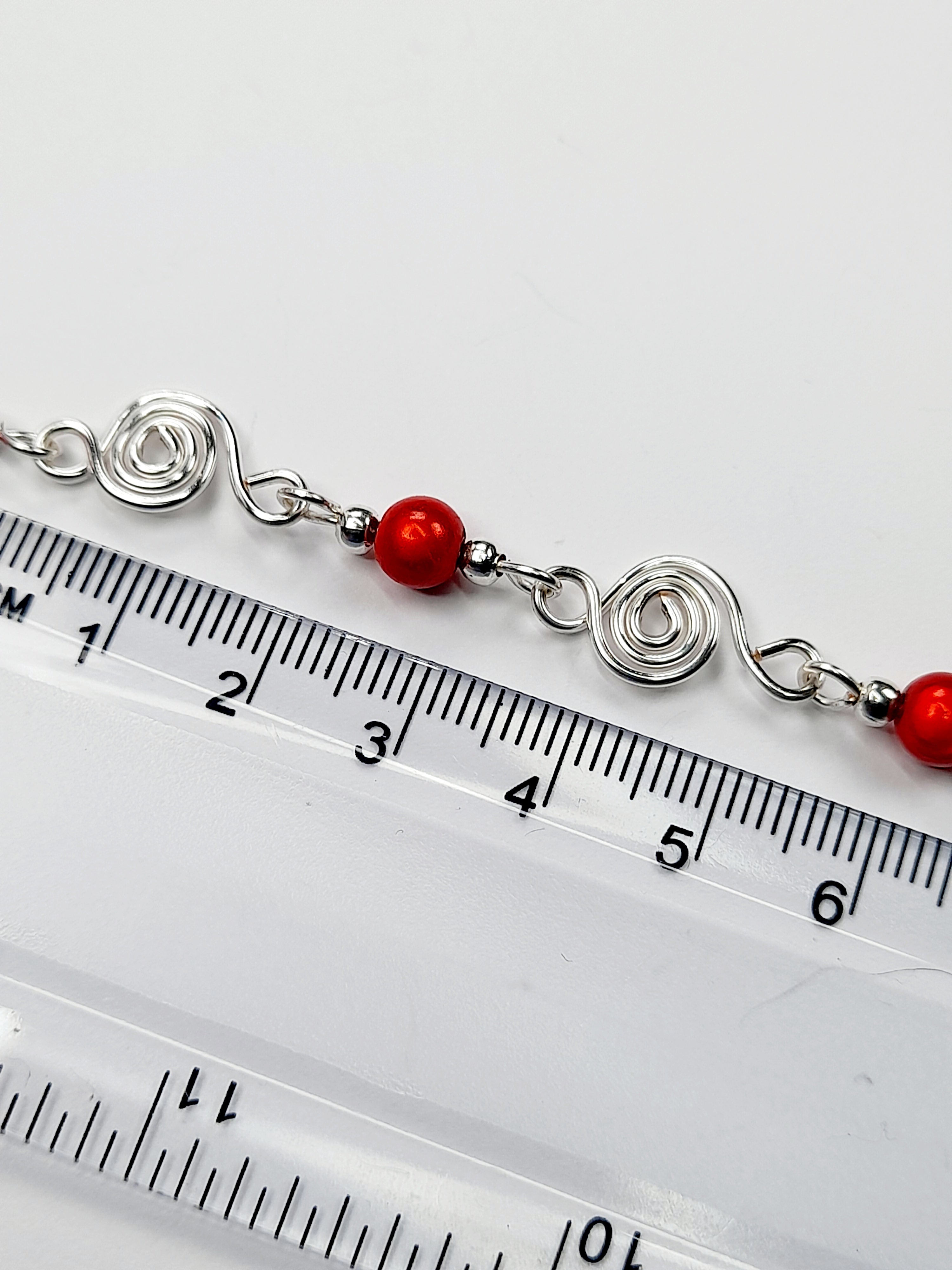 Dainty Silver Spiral & Red Bracelet, Handmade Adjustable Design