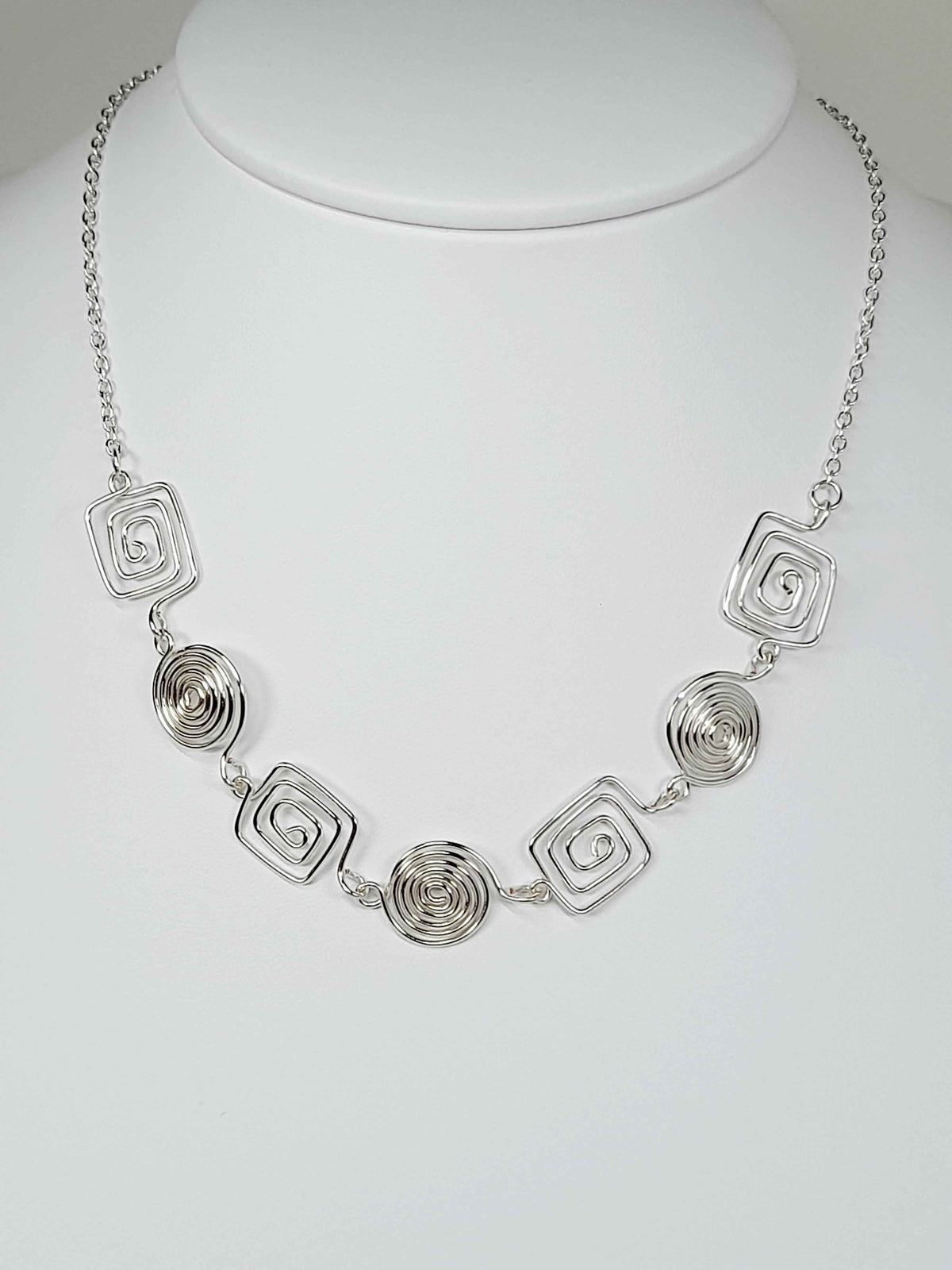 Super Swirly Silver Round & Square Spiral Necklace