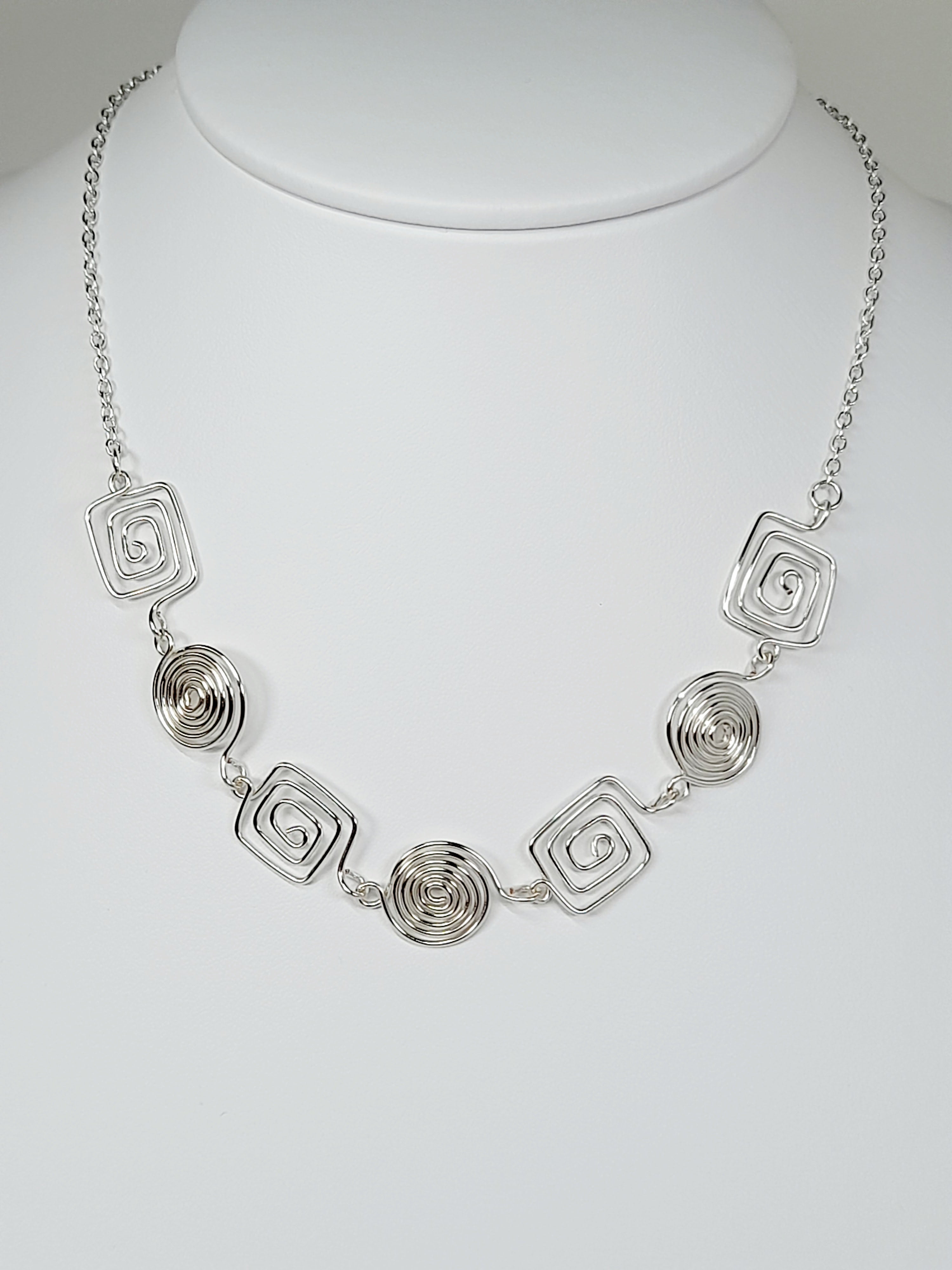 Super Swirly Silver Round & Square Spiral Necklace