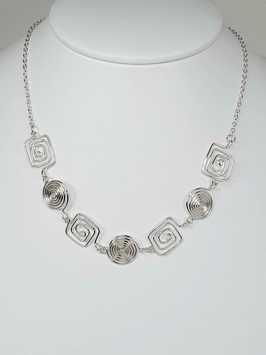 Super Swirly Silver Round & Square Spiral Necklace