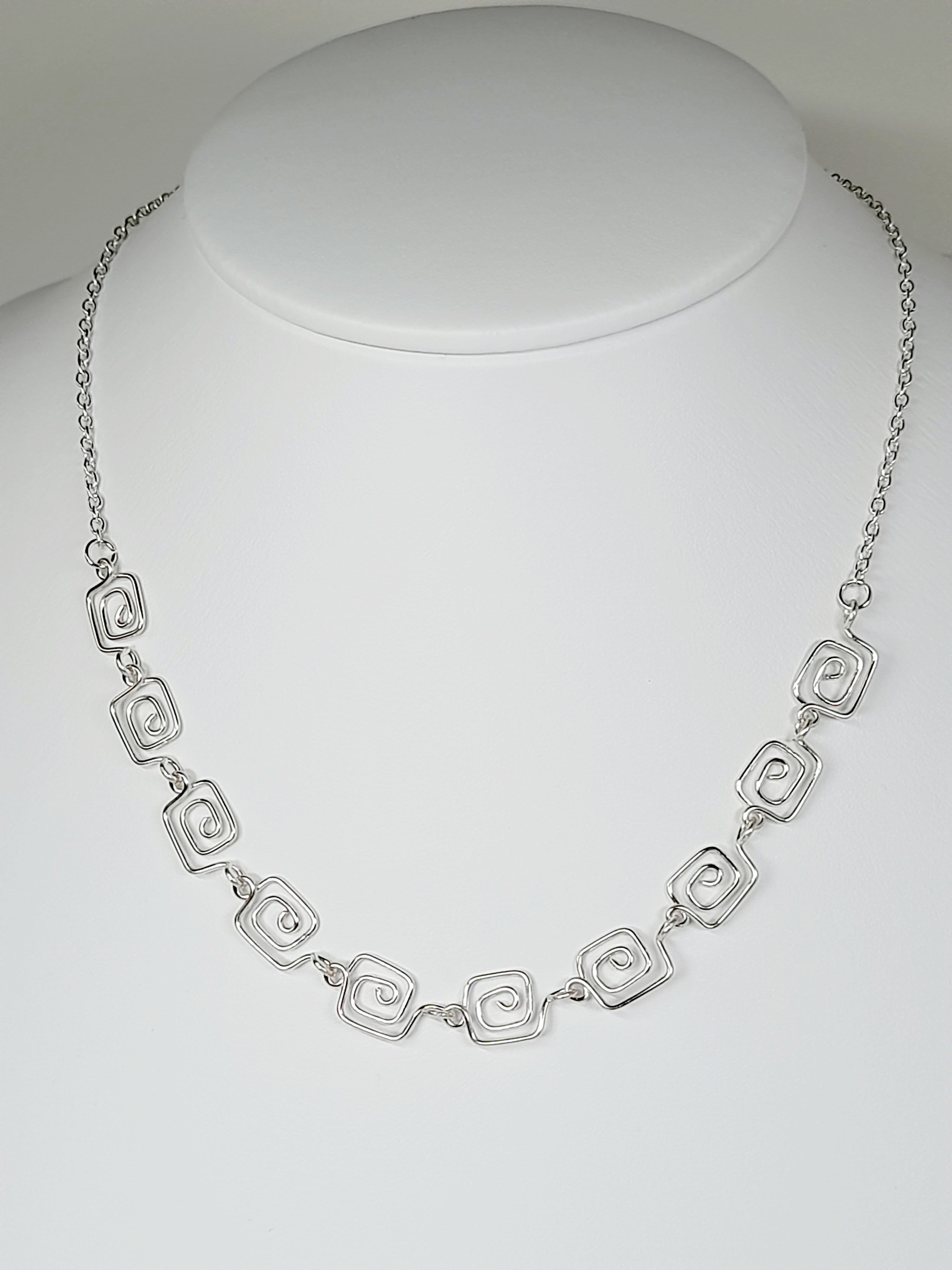Dainty Super Swirly Silver Square Spiral Necklace