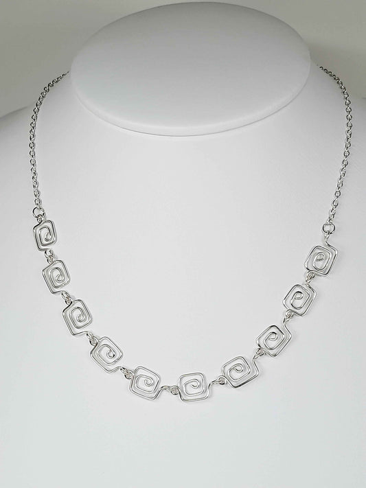 Dainty Super Swirly Silver Square Spiral Necklace
