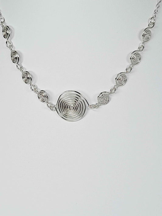 Handmade Silver Spiral Necklace, Elegant Swirly Lightweight Statement Jewellery