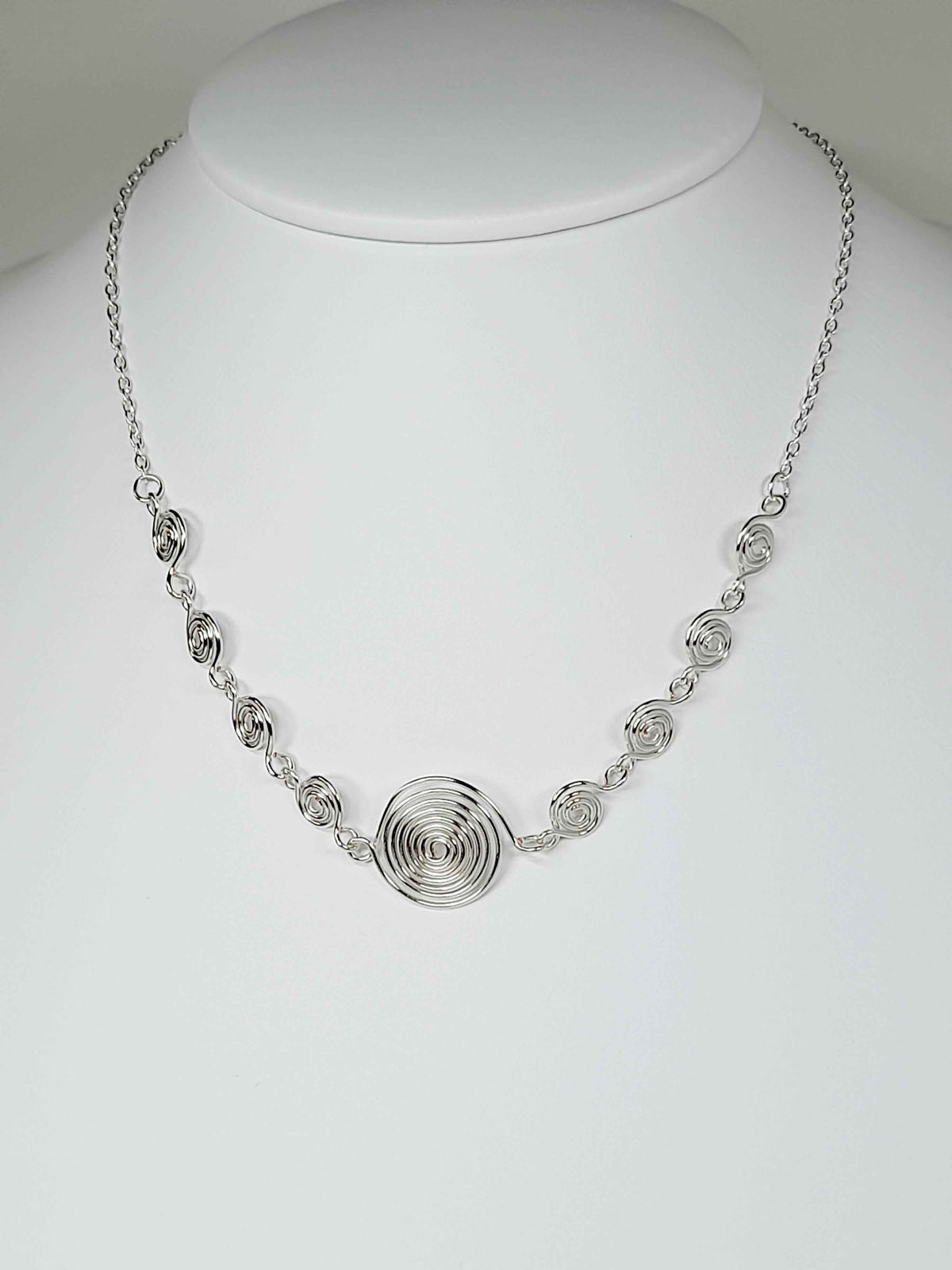 Handmade Silver Spiral Necklace, Elegant Swirly Lightweight Statement Jewellery