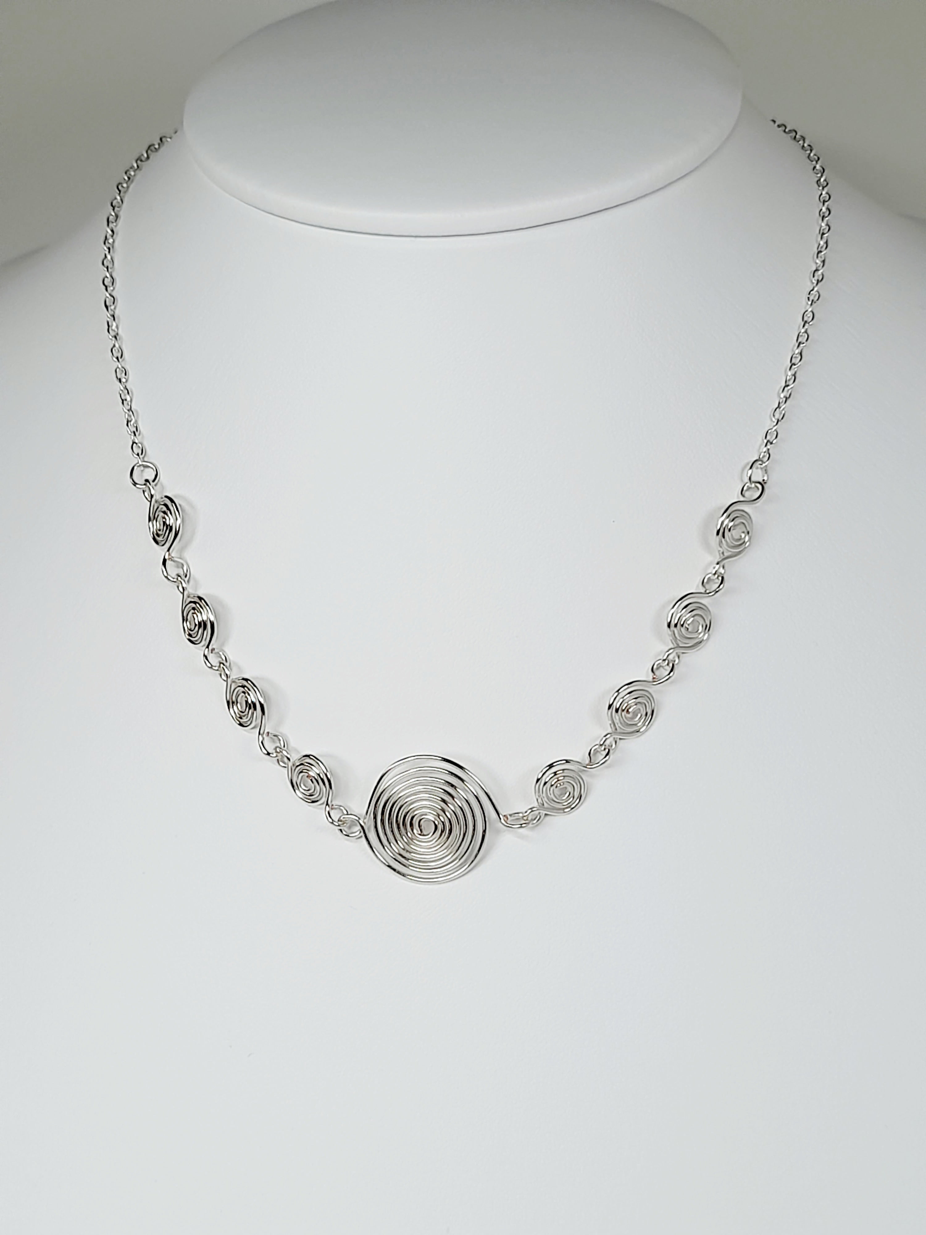 Handmade Silver Spiral Necklace, Elegant Swirly Lightweight Statement Jewellery