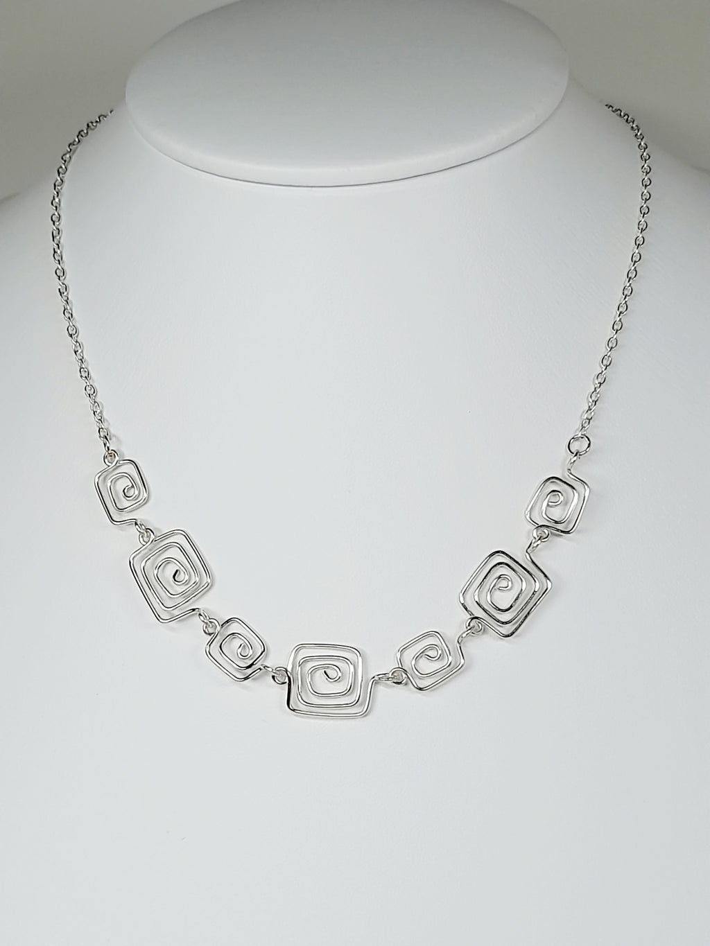 Handmade Silver Square Spiral Necklace, Elegant Swirly Lightweight Statement Jewellery