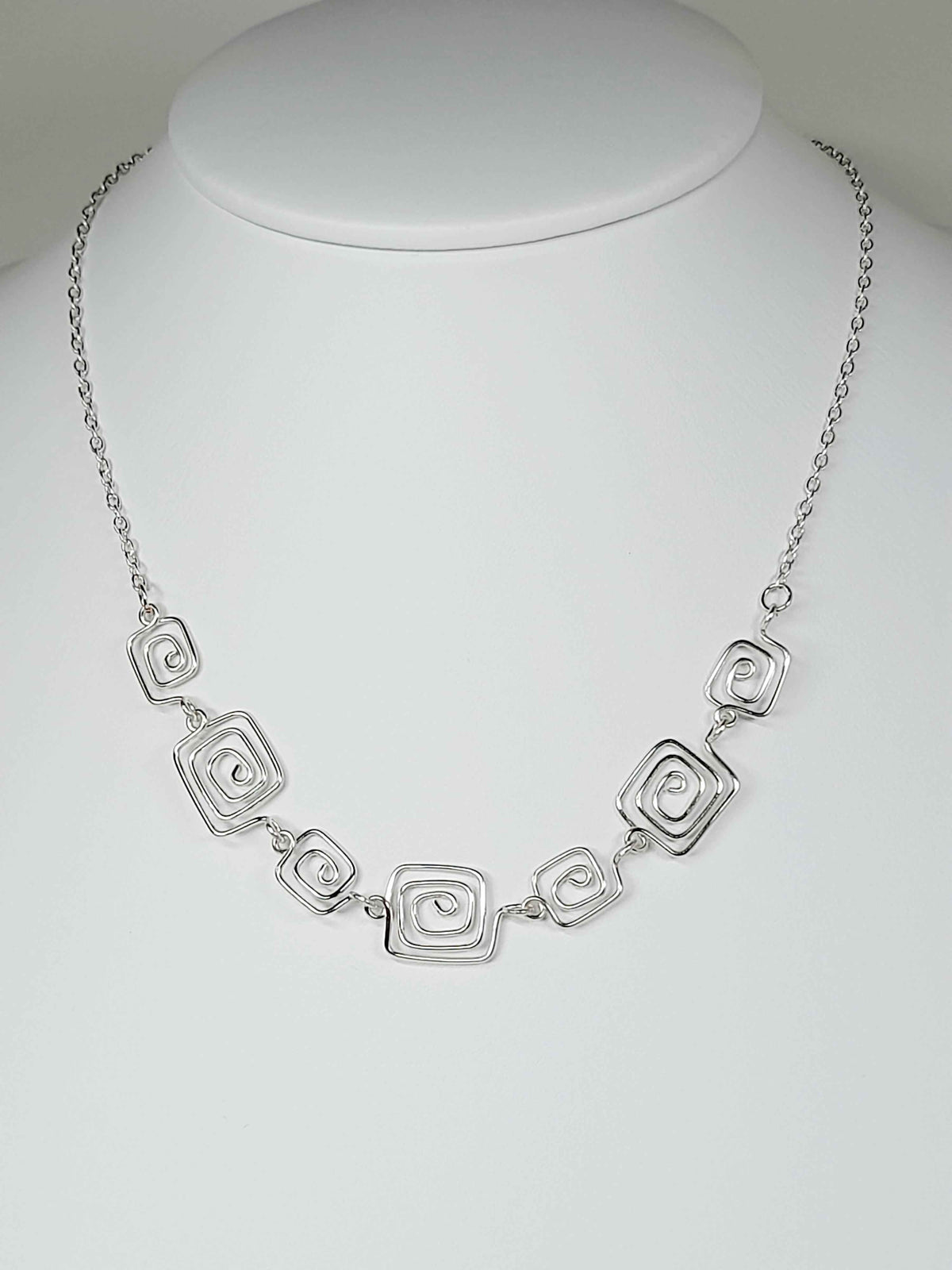 Handmade Silver Square Spiral Necklace, Elegant Swirly Lightweight Statement Jewellery