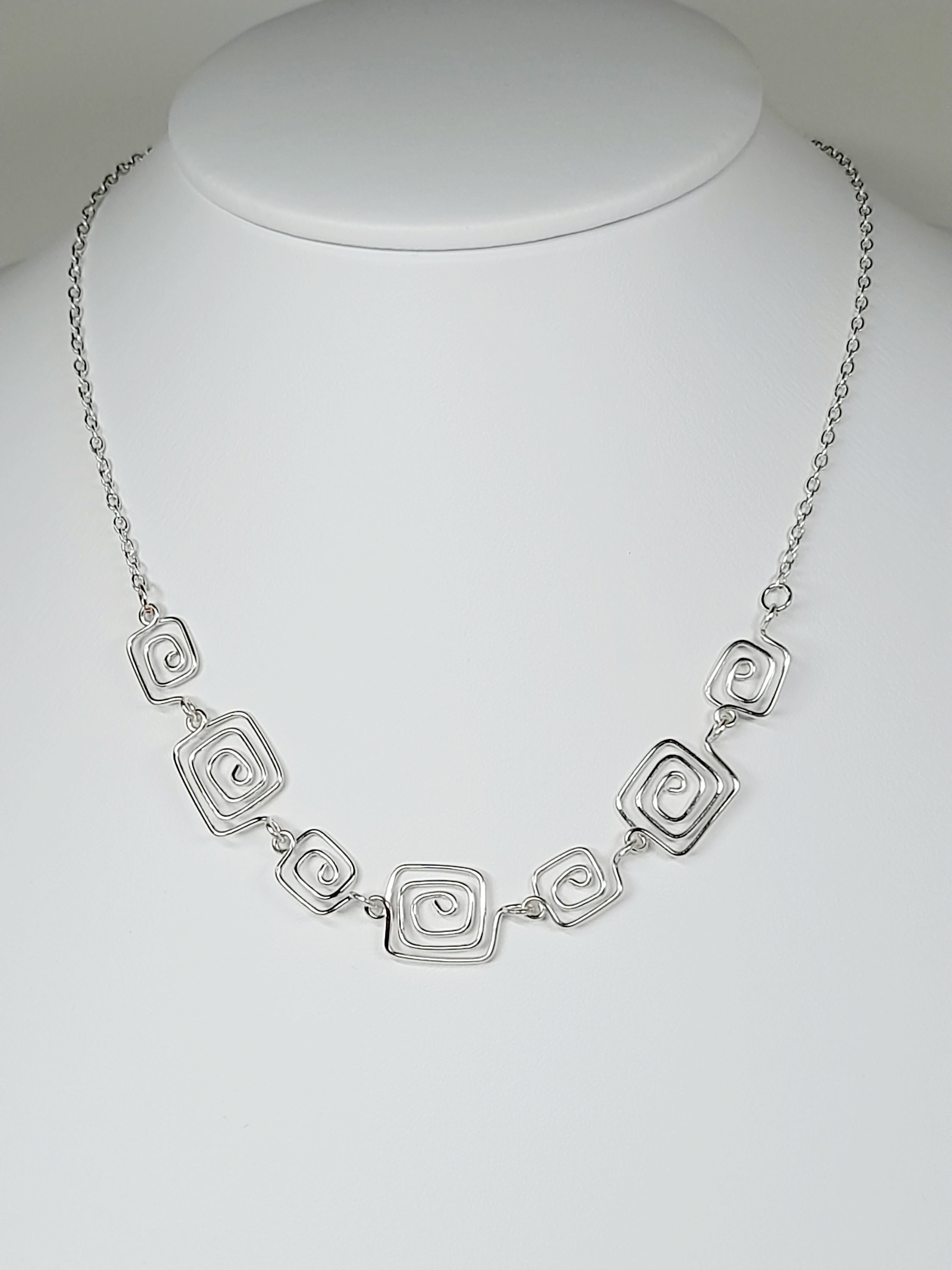 Handmade Silver Square Spiral Necklace, Elegant Swirly Lightweight Statement Jewellery