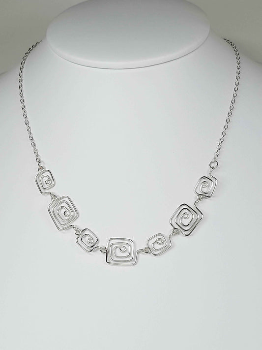 Handmade Silver Square Spiral Necklace, Elegant Swirly Lightweight Statement Jewellery