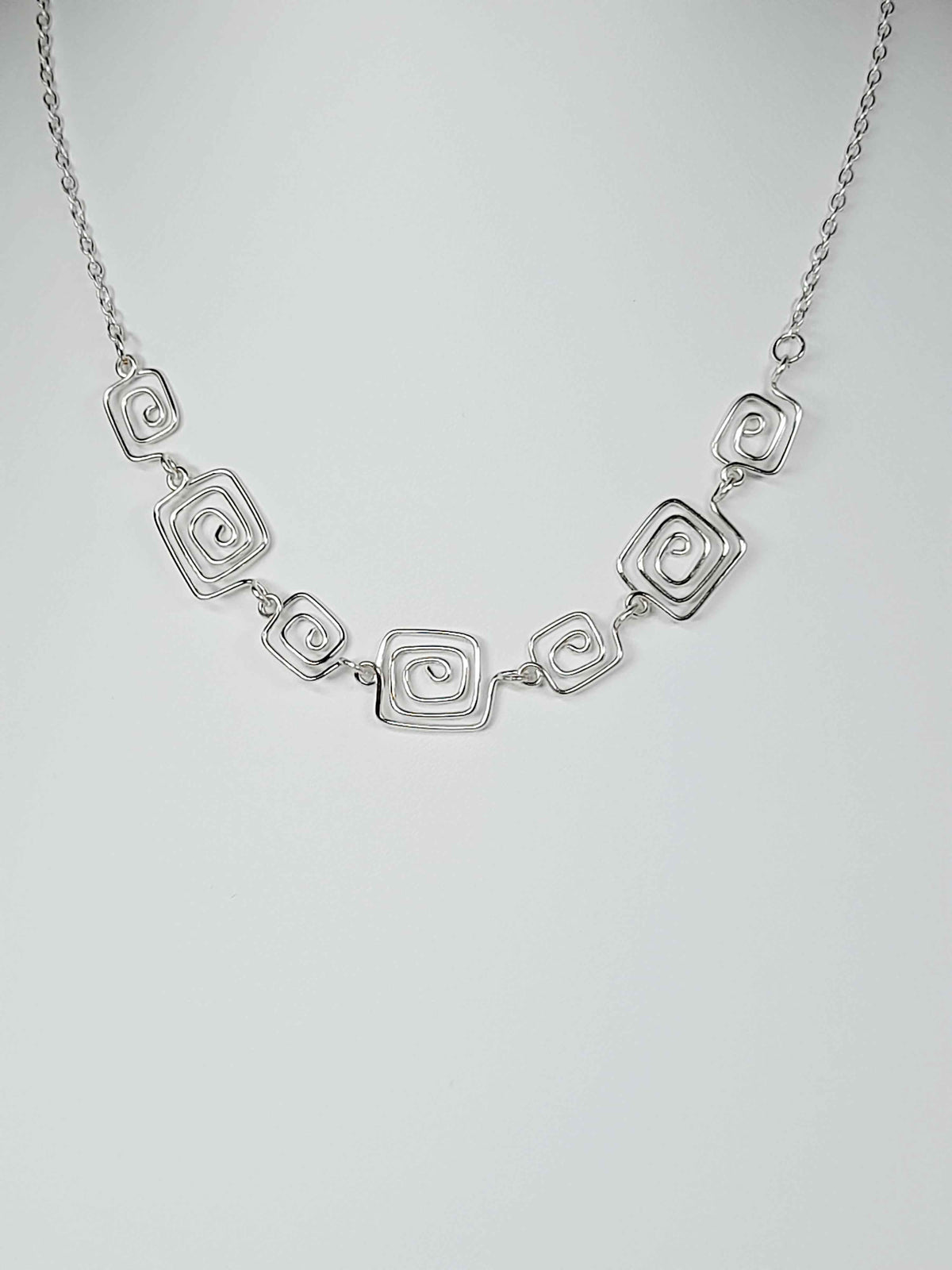 Handmade Silver Square Spiral Necklace, Elegant Swirly Lightweight Statement Jewellery