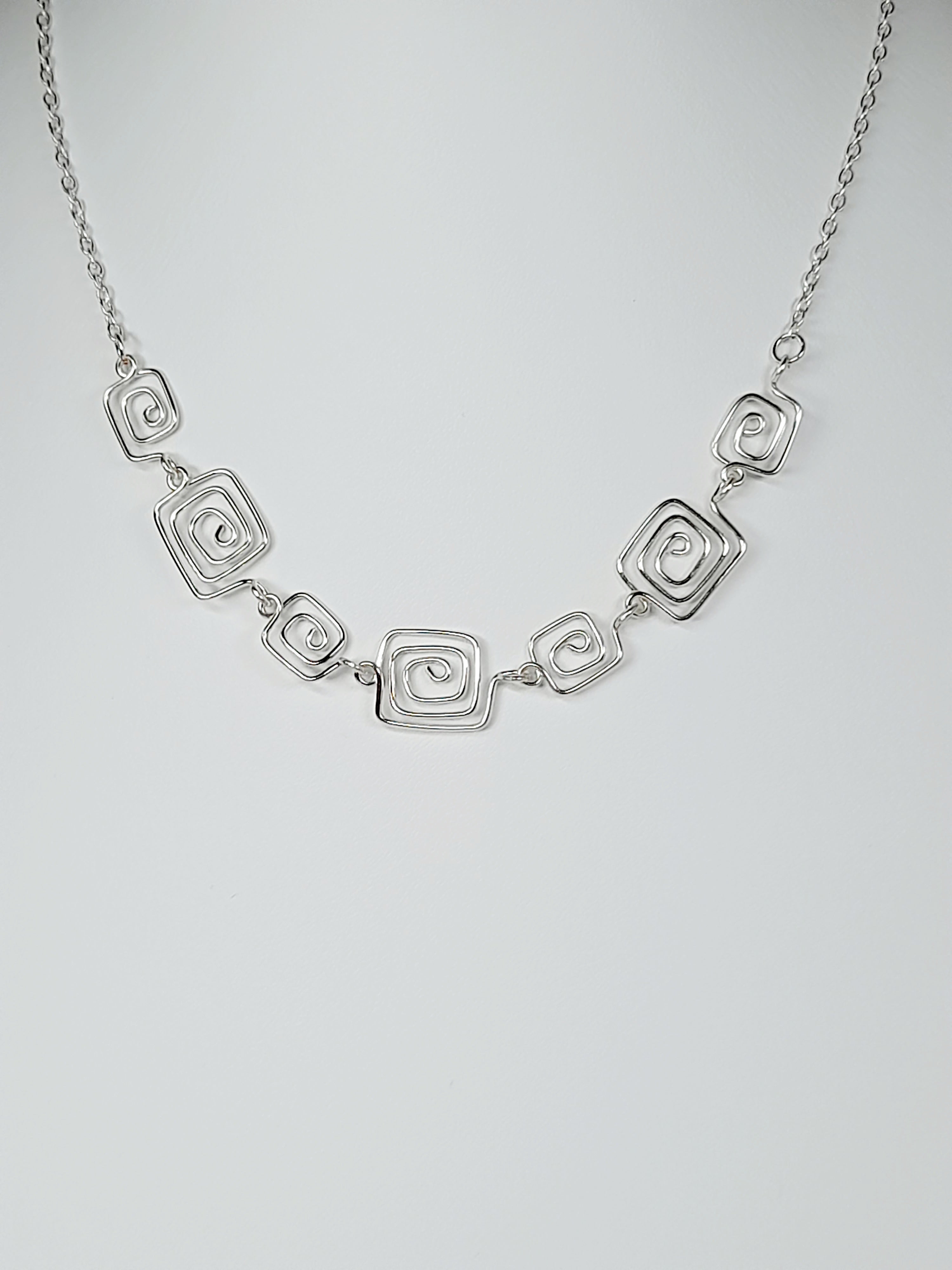 Handmade Silver Square Spiral Necklace, Elegant Swirly Lightweight Statement Jewellery