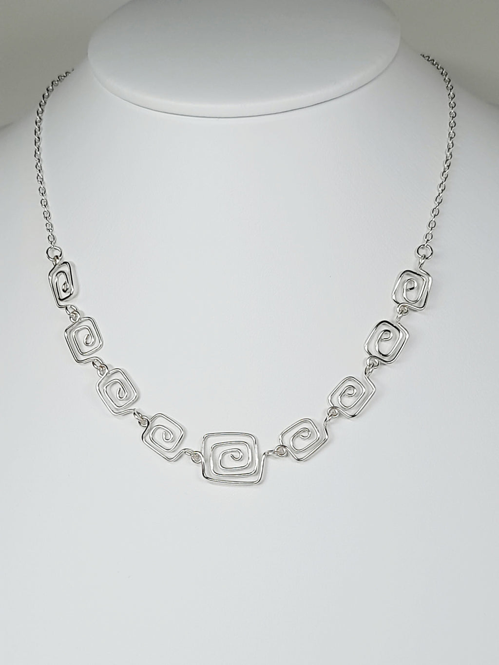 Handmade Silver Square Spiral Necklace, Elegant Swirly Lightweight Statement Jewellery