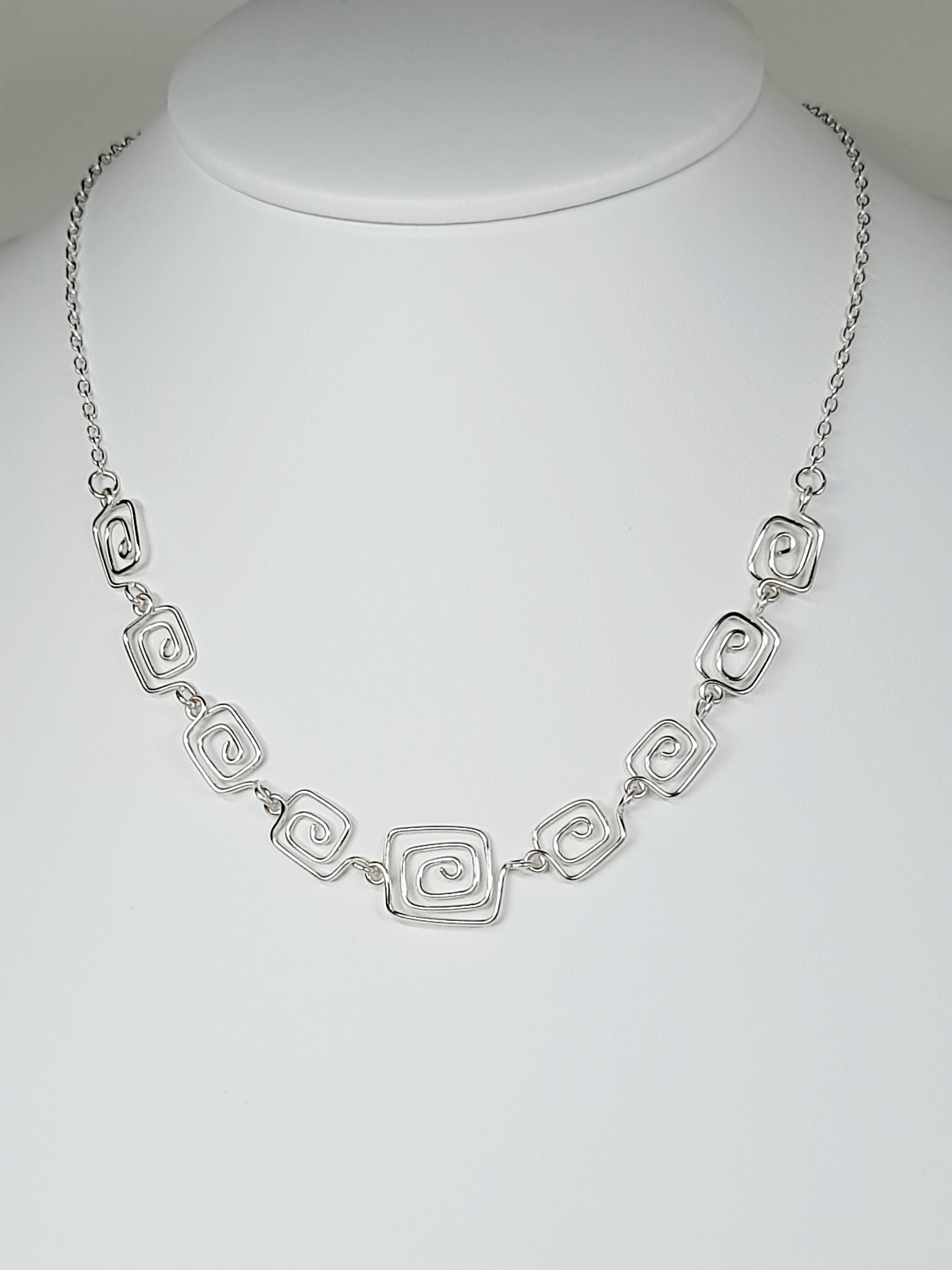 Handmade Silver Square Spiral Necklace, Elegant Swirly Lightweight Statement Jewellery