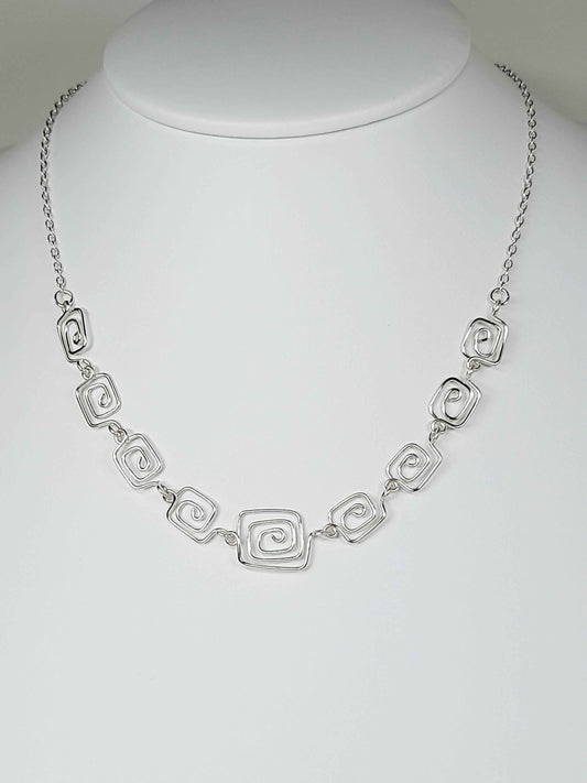 Handmade Silver Square Spiral Necklace, Elegant Swirly Lightweight Statement Jewellery