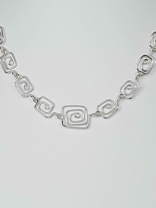 Handmade Silver Square Spiral Necklace, Elegant Swirly Lightweight Statement Jewellery