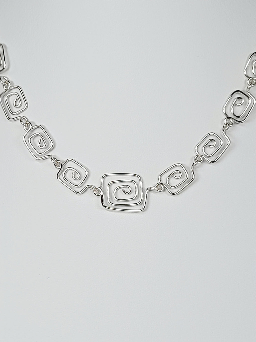 Handmade Silver Square Spiral Necklace, Elegant Swirly Lightweight Statement Jewellery