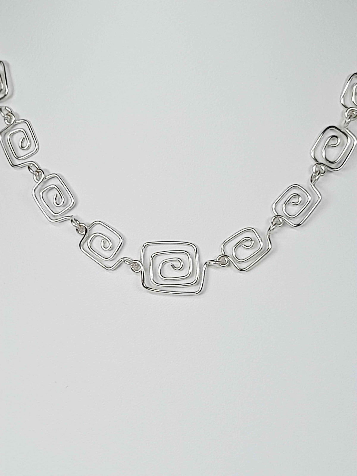 Handmade Silver Square Spiral Necklace, Elegant Swirly Lightweight Statement Jewellery