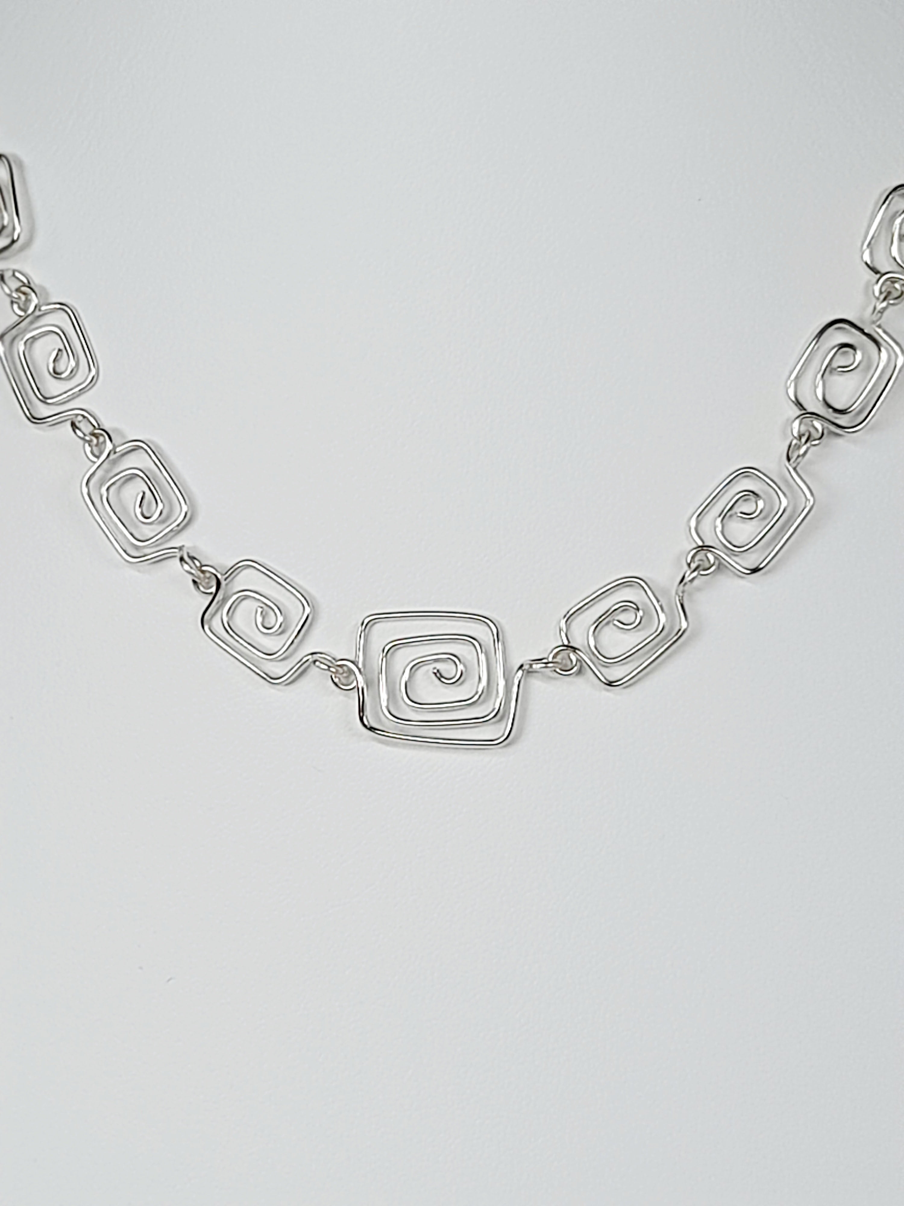 Handmade Silver Square Spiral Necklace, Elegant Swirly Lightweight Statement Jewellery