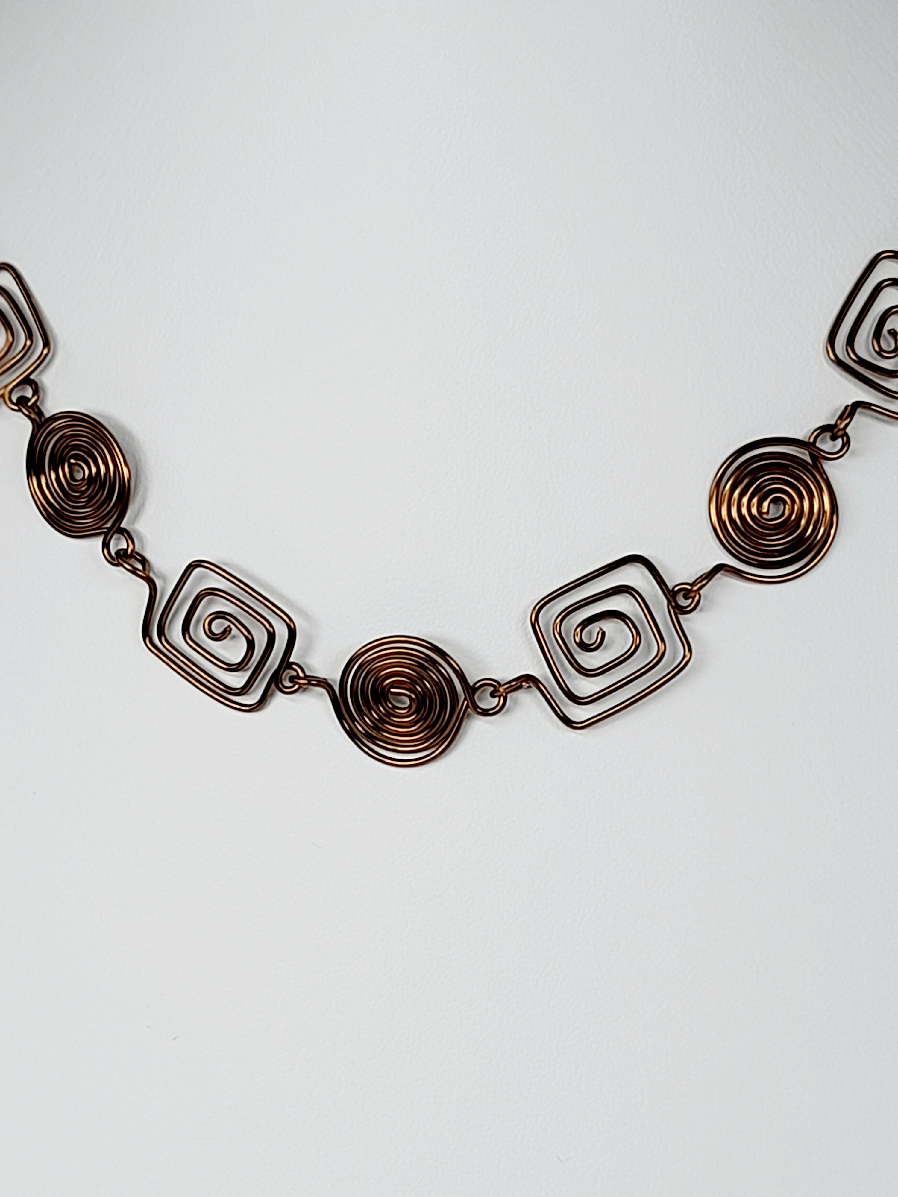 Super Swirly Bronze Round & Square Spiral Necklace